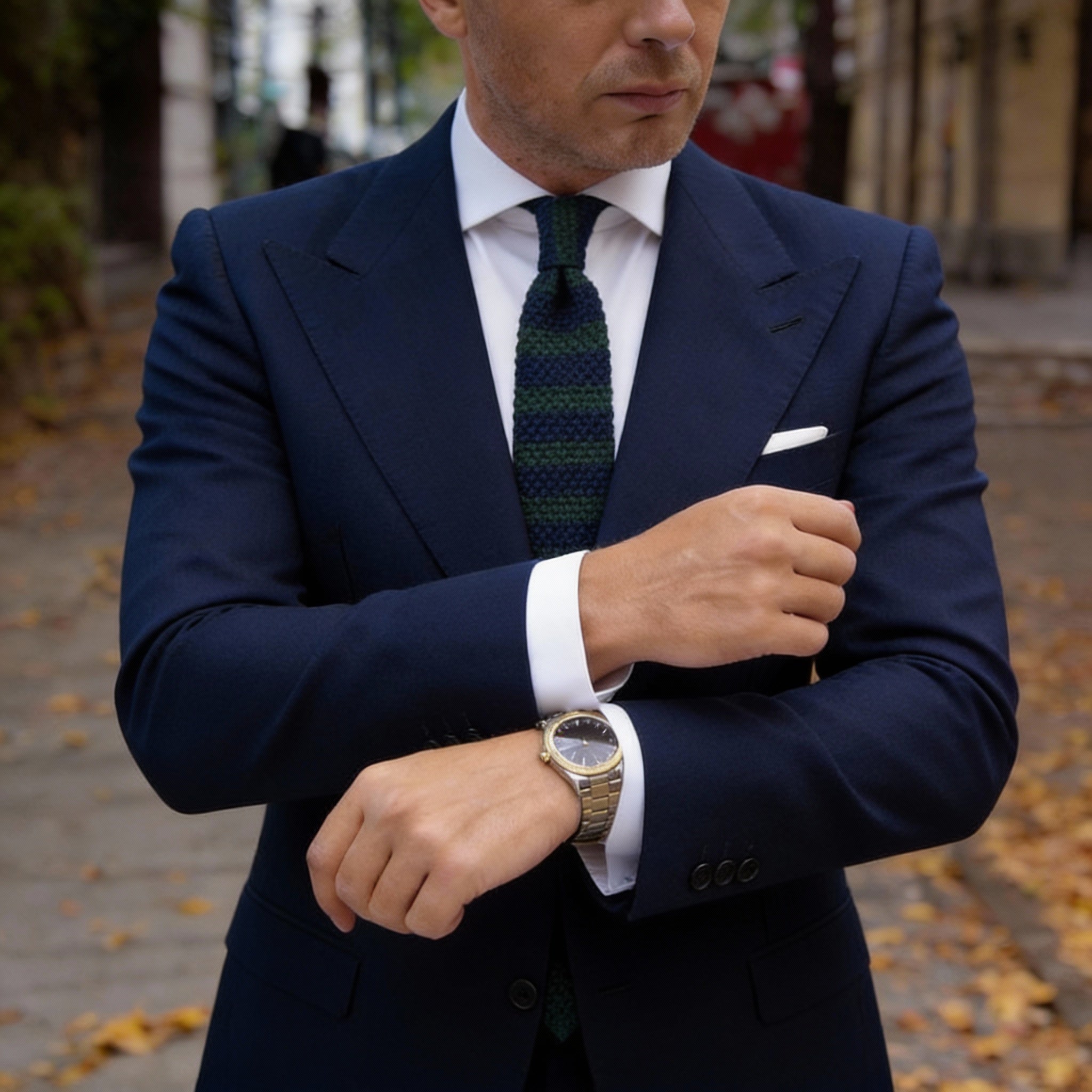 Dark Blue with Green Horizontal Stripes Knitted Necktie