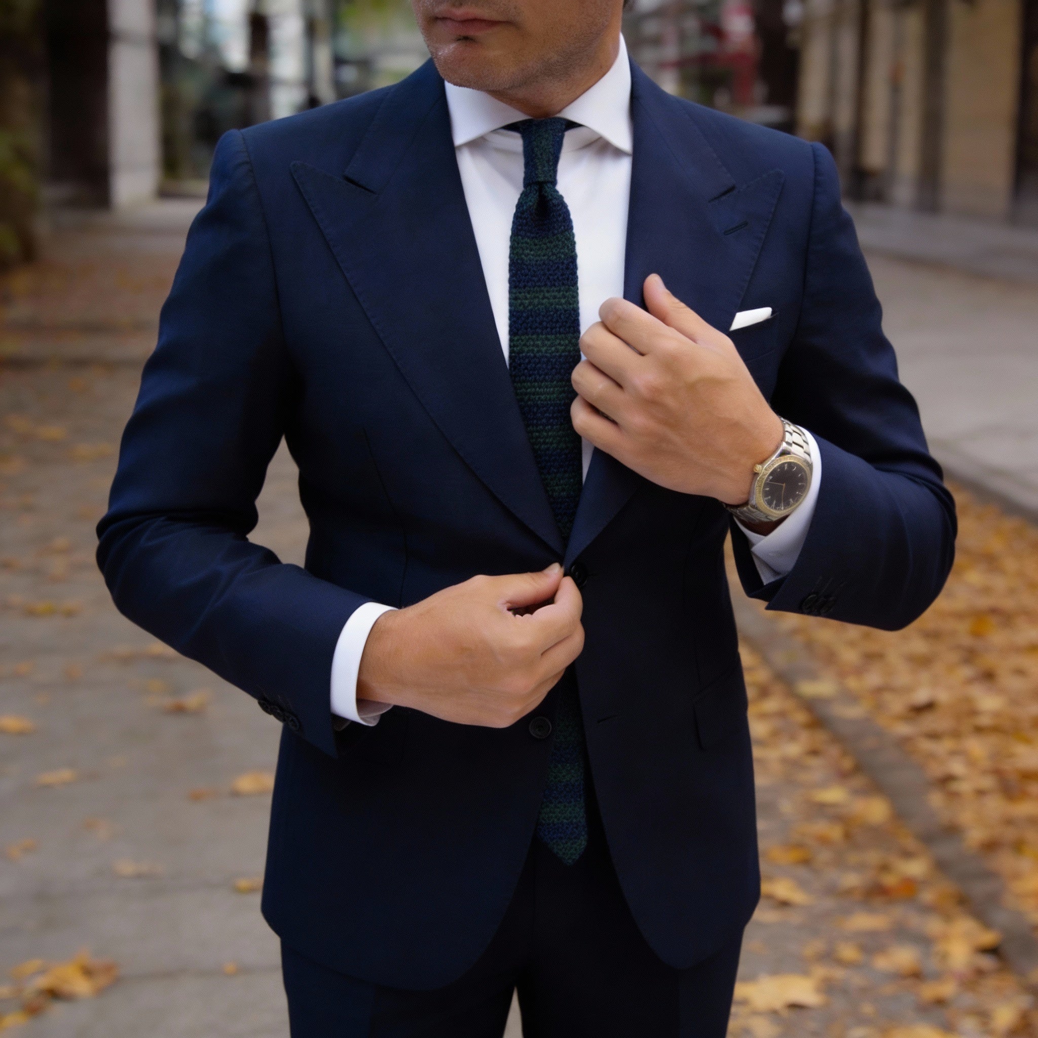 Dark Blue with Green Horizontal Stripes Knitted Necktie