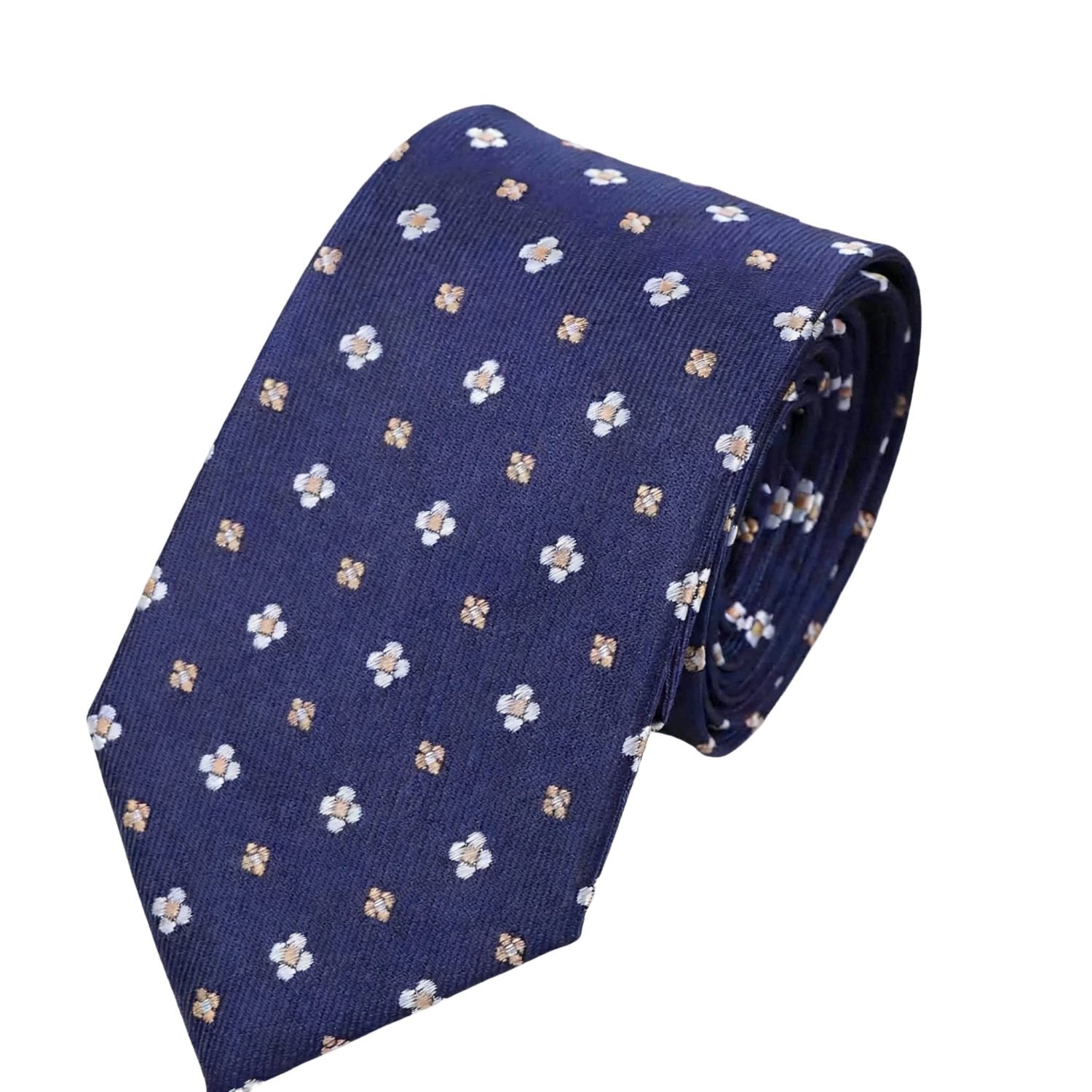 Navy Blue Necktie With White & Beige Floral Pattern