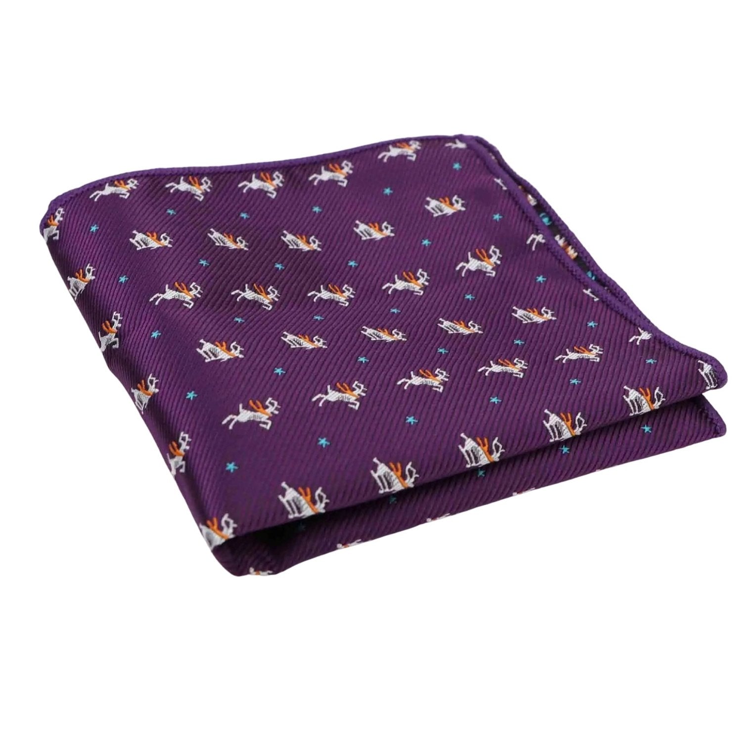Purple With White Reindeer & Blue Star Pocket Square