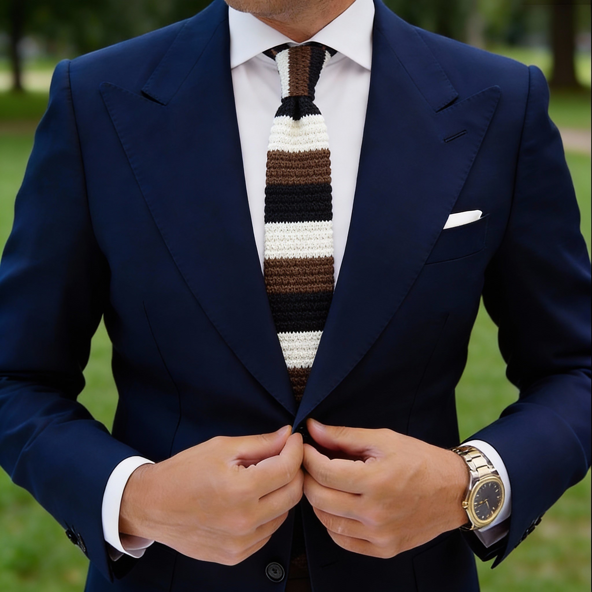 Black With White Brown Stripes Knitted Necktie