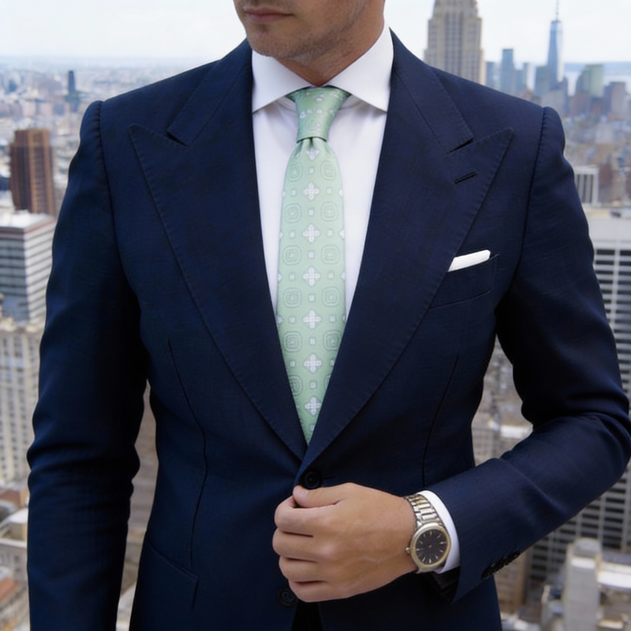 Light Green With White Geometric Patterns Necktie