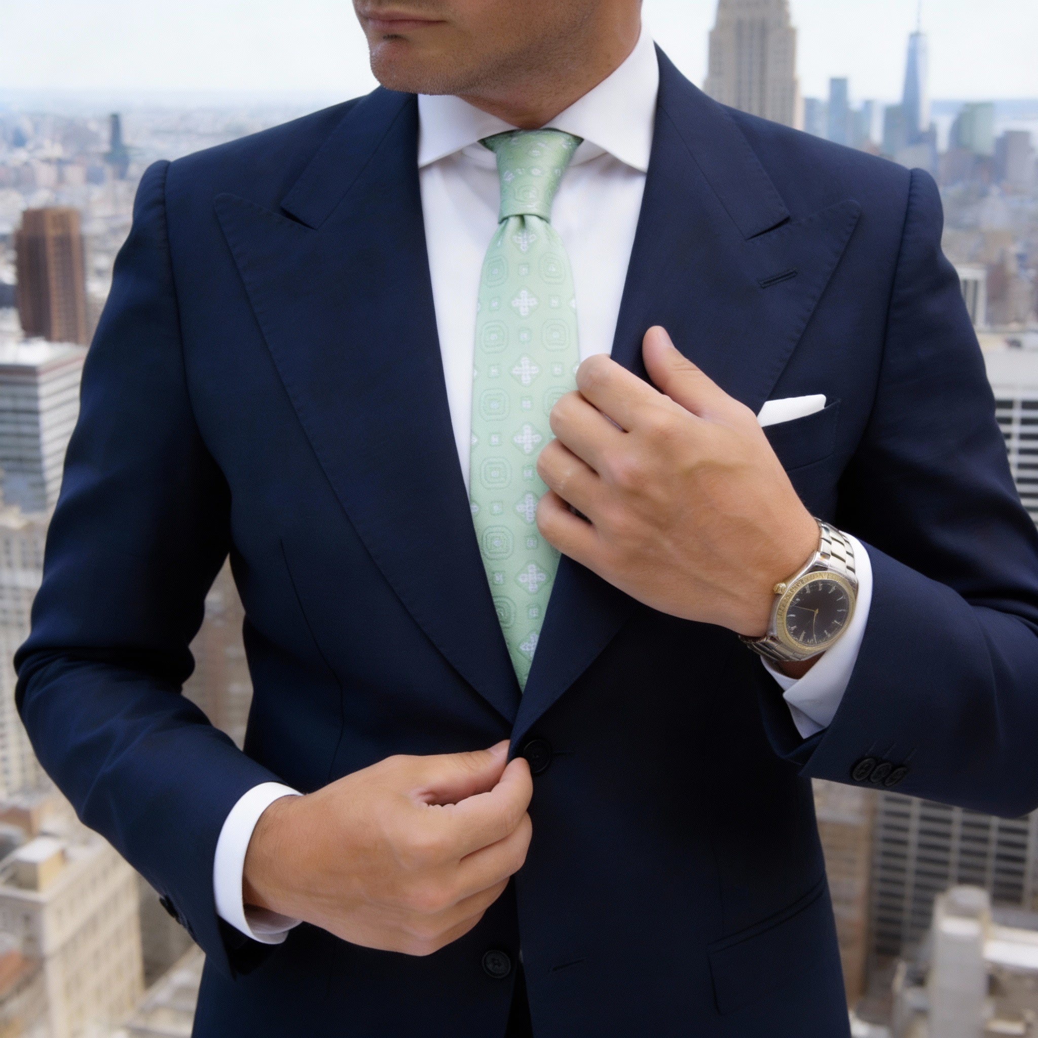 Light Green With White Geometric Patterns Necktie