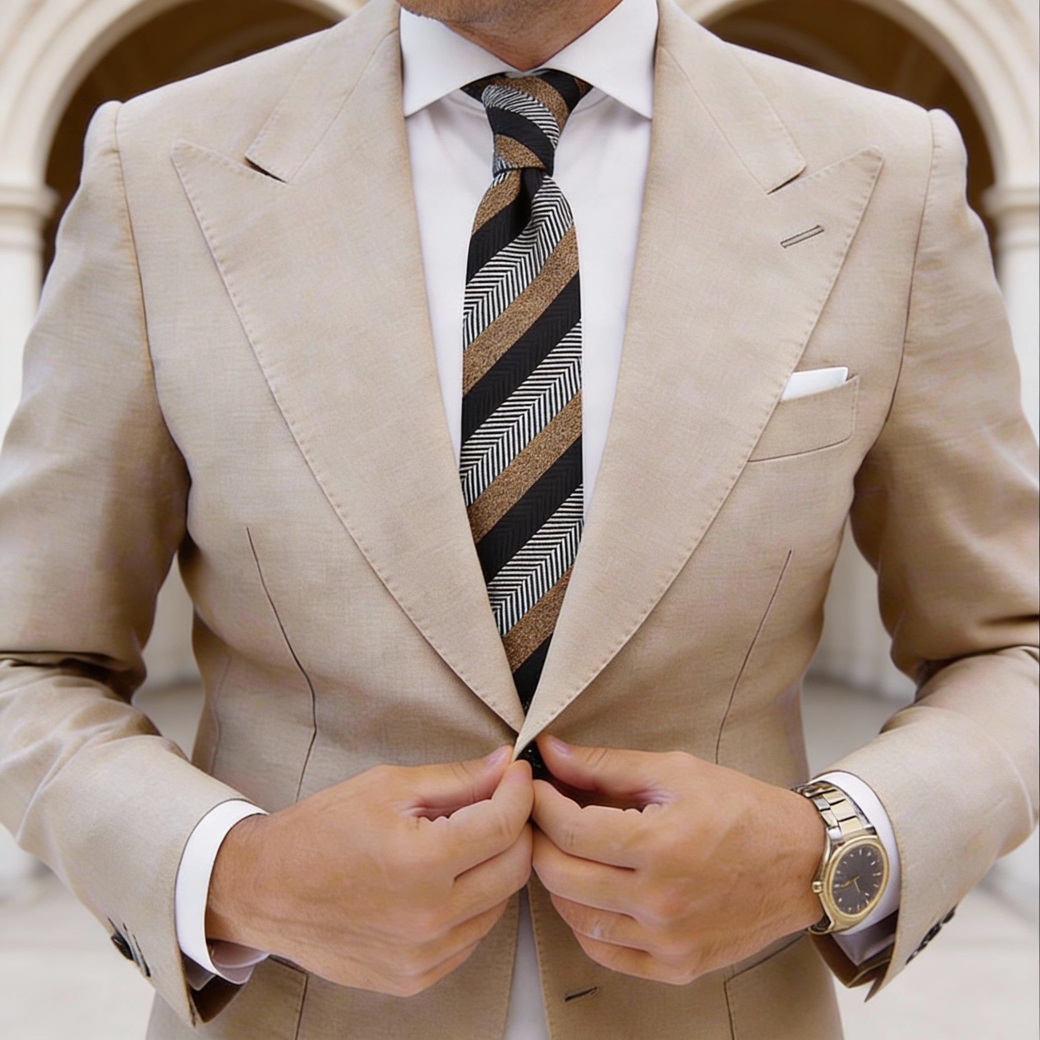 Black with Brown White Herringbone Stripe Necktie
