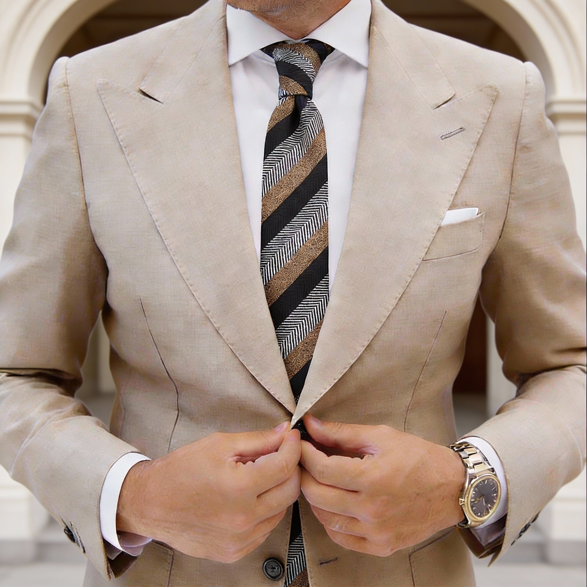 Black with Brown White Herringbone Stripe Necktie