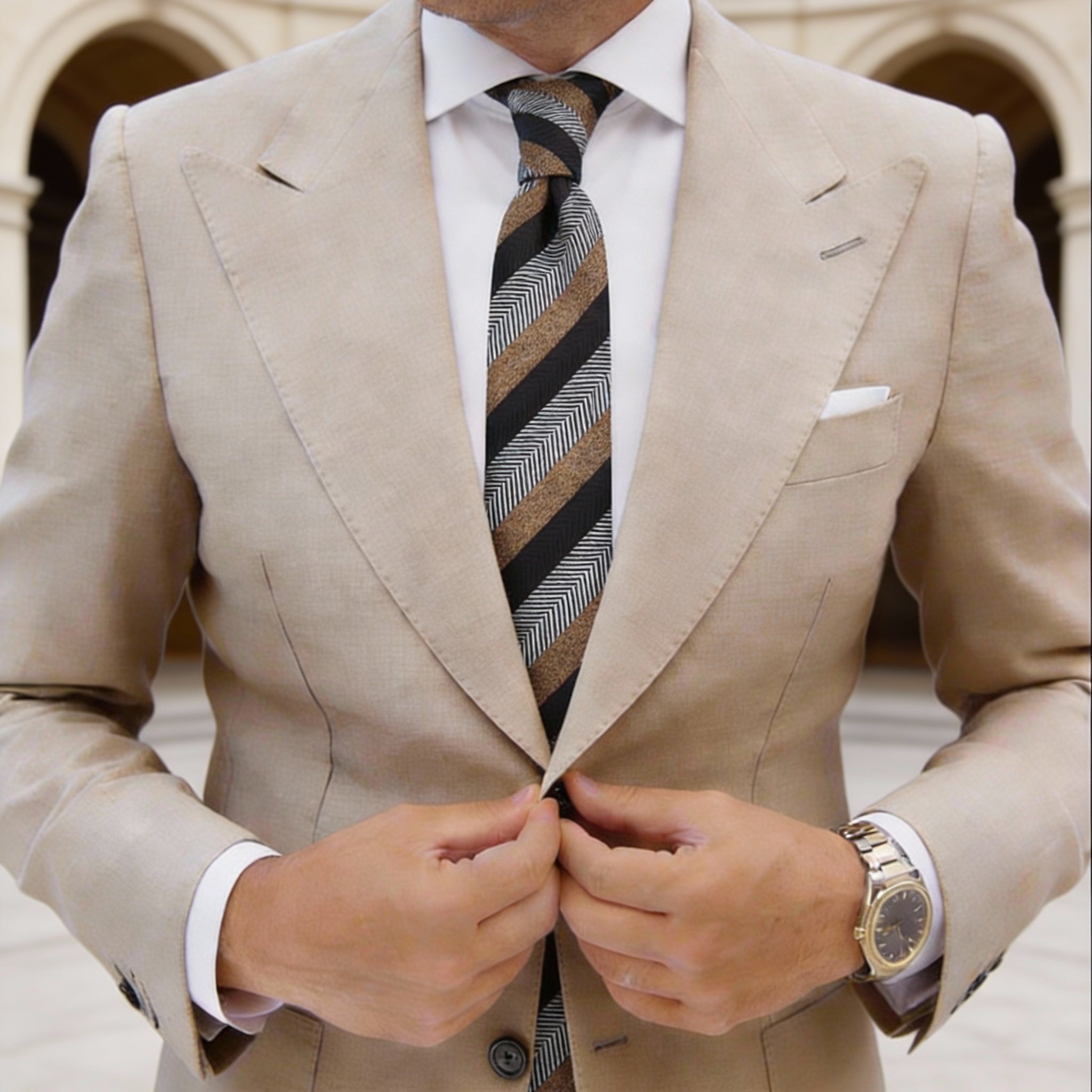 Black with Brown White Herringbone Stripe Necktie