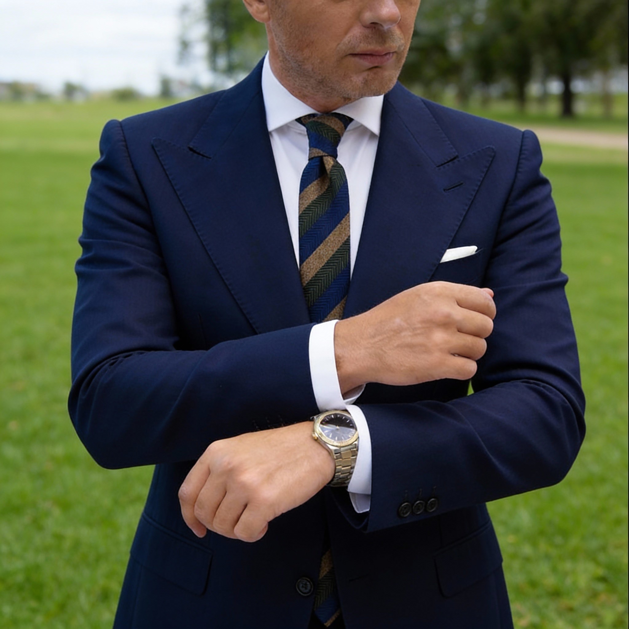 Blue With Brown Dark Green Herringbone Necktie