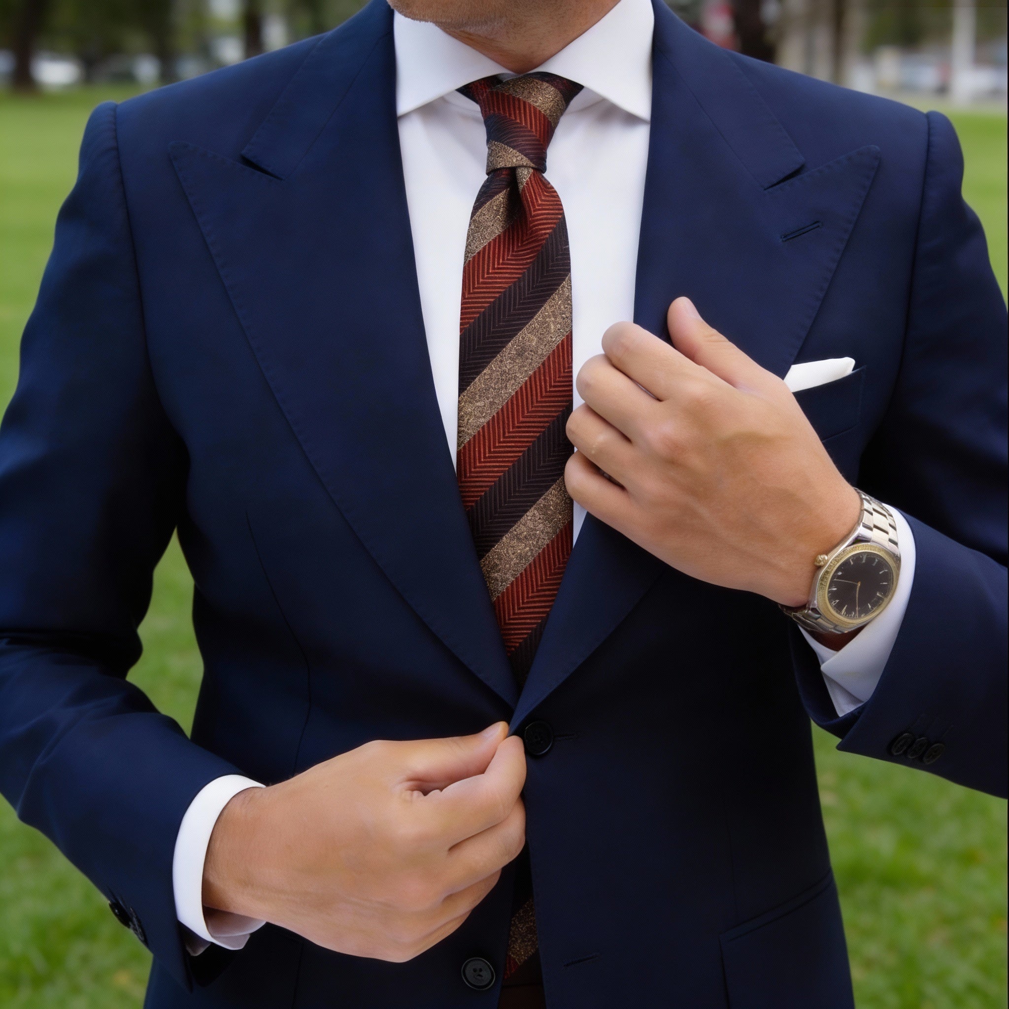 Black With Orange & Beige Striped Herringbone Necktie