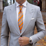 Orange With Blue And White Striped Necktie