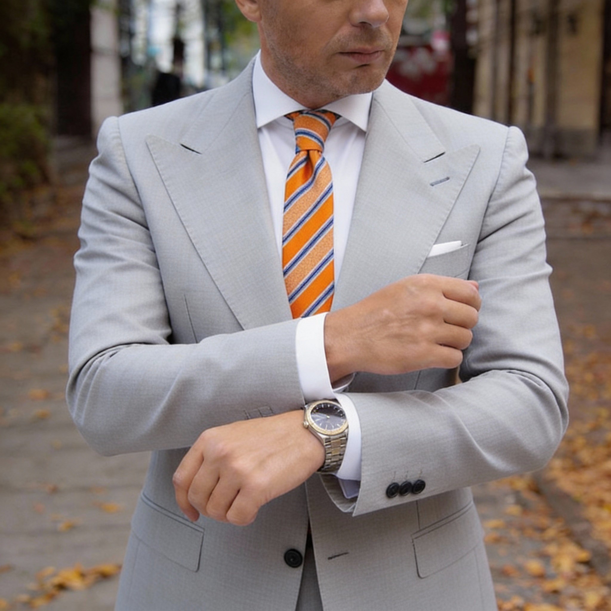 Orange With Blue And White Striped Necktie