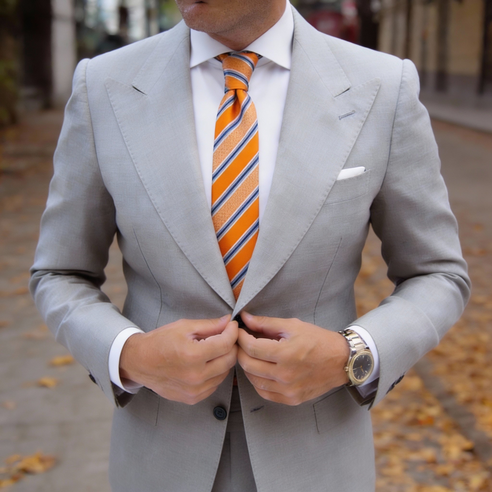 Orange With Blue And White Striped Necktie