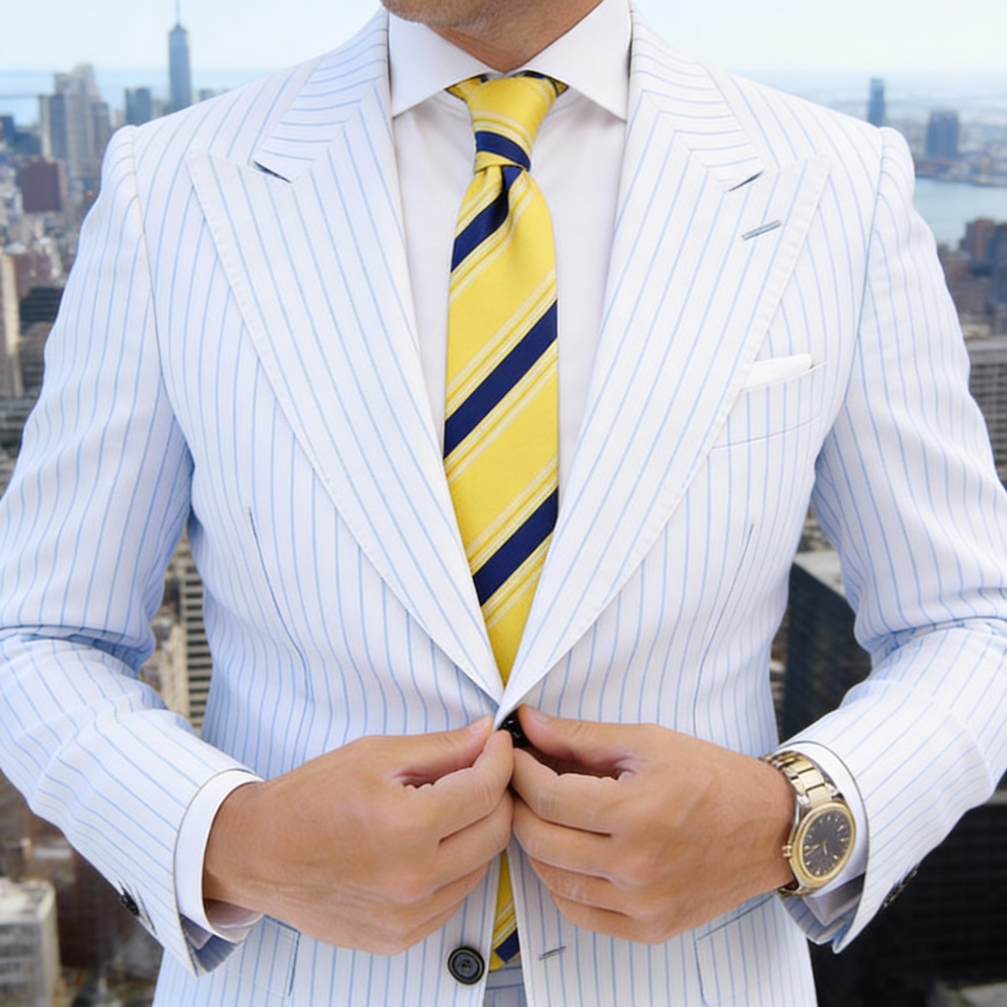 Yellow With Navy Blue Diagonal Stripes Necktie