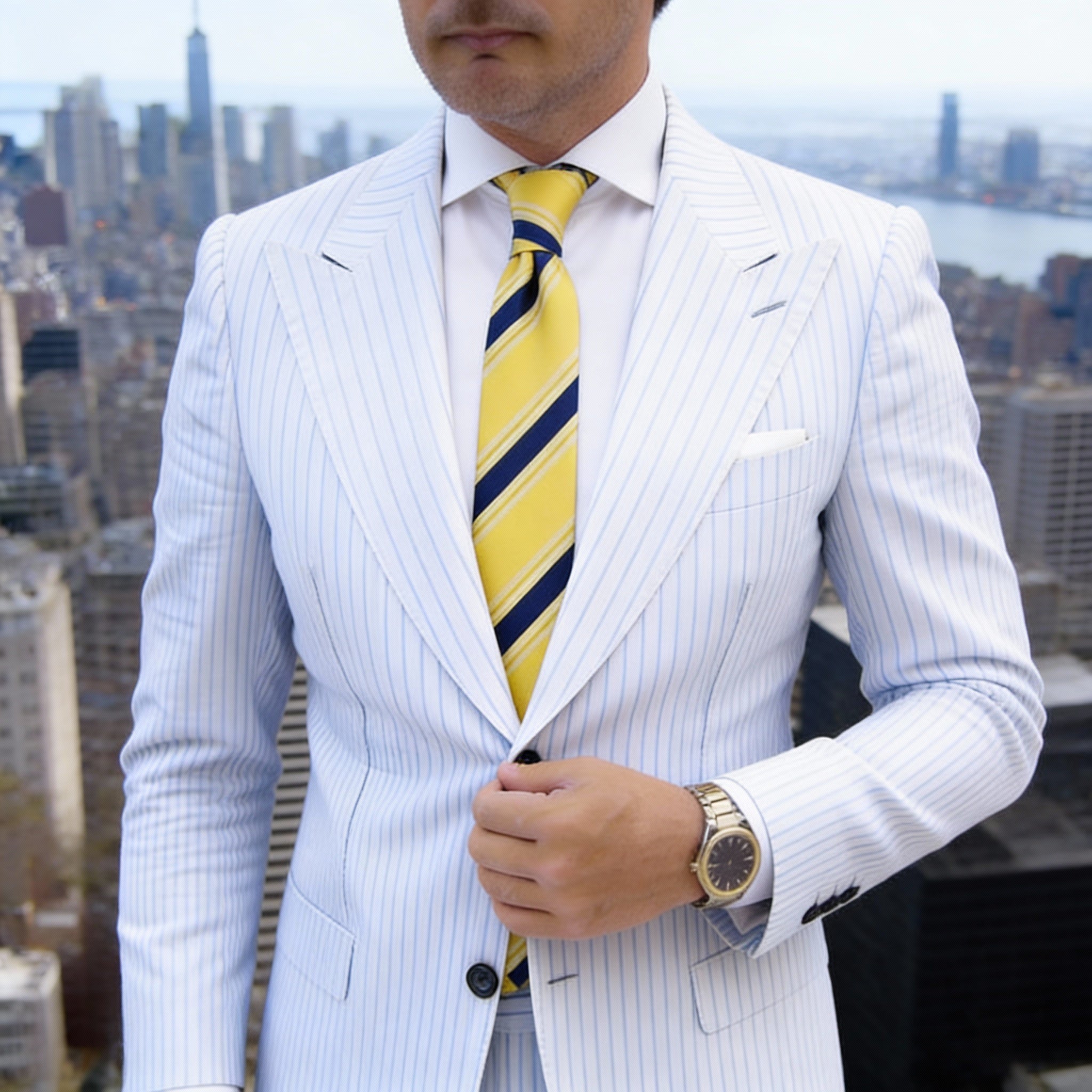 Yellow With Navy Blue Diagonal Stripes Necktie