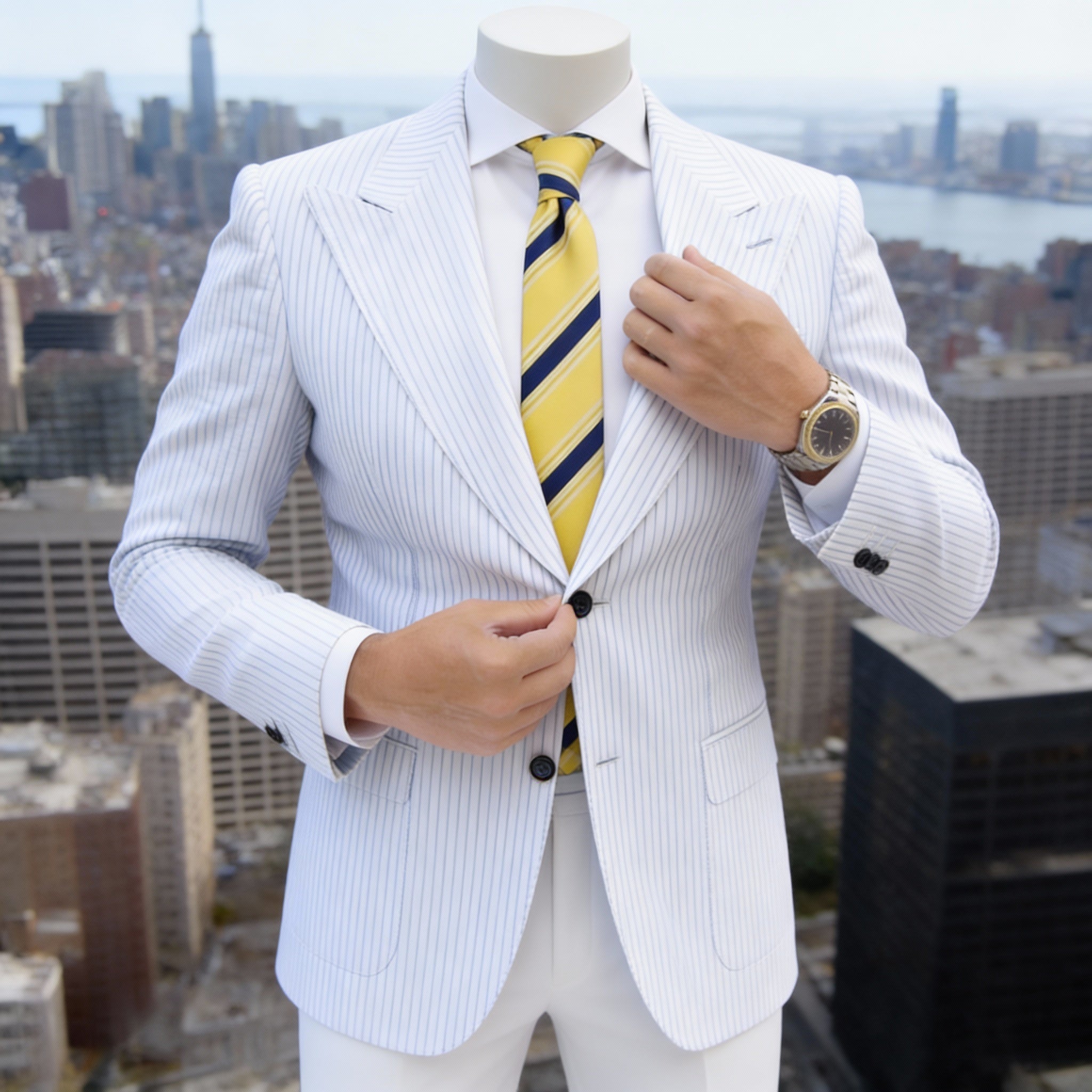 Yellow With Navy Blue Diagonal Stripes Necktie