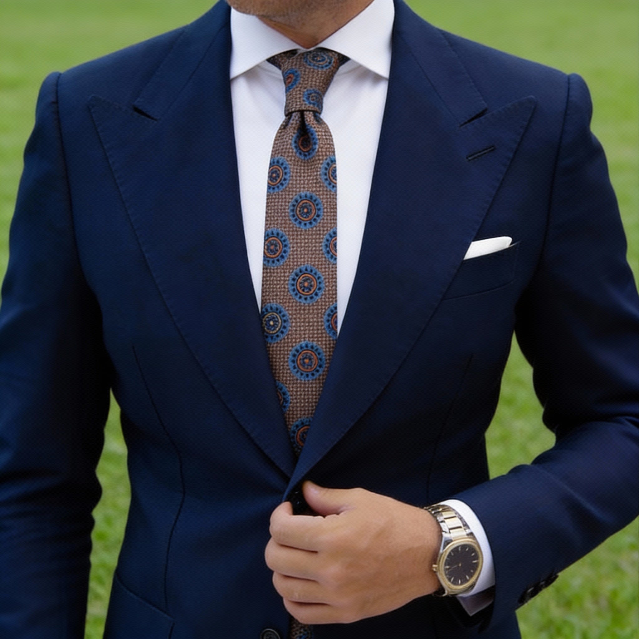 Brown Necktie with Blue Circular Floral Medallion