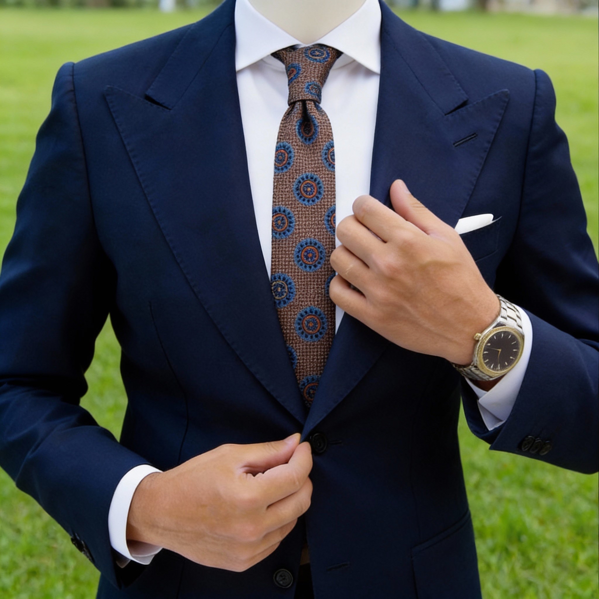 Brown Necktie with Blue Circular Floral Medallion