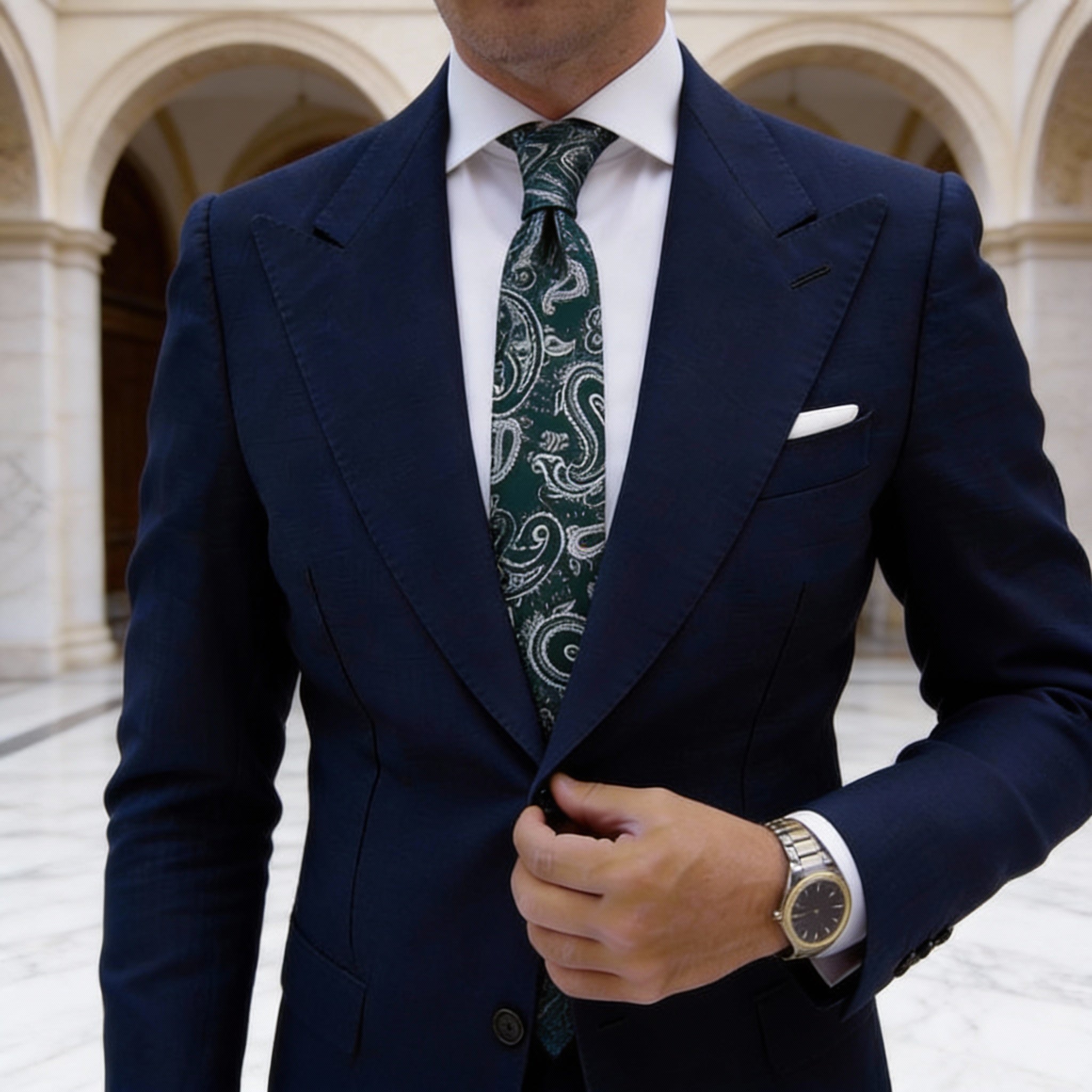 Dark Green with White Paisley Necktie