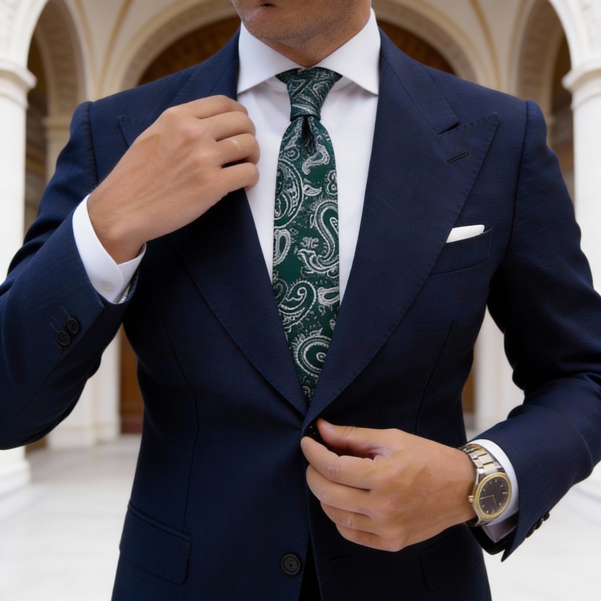 Dark Green with White Paisley Necktie