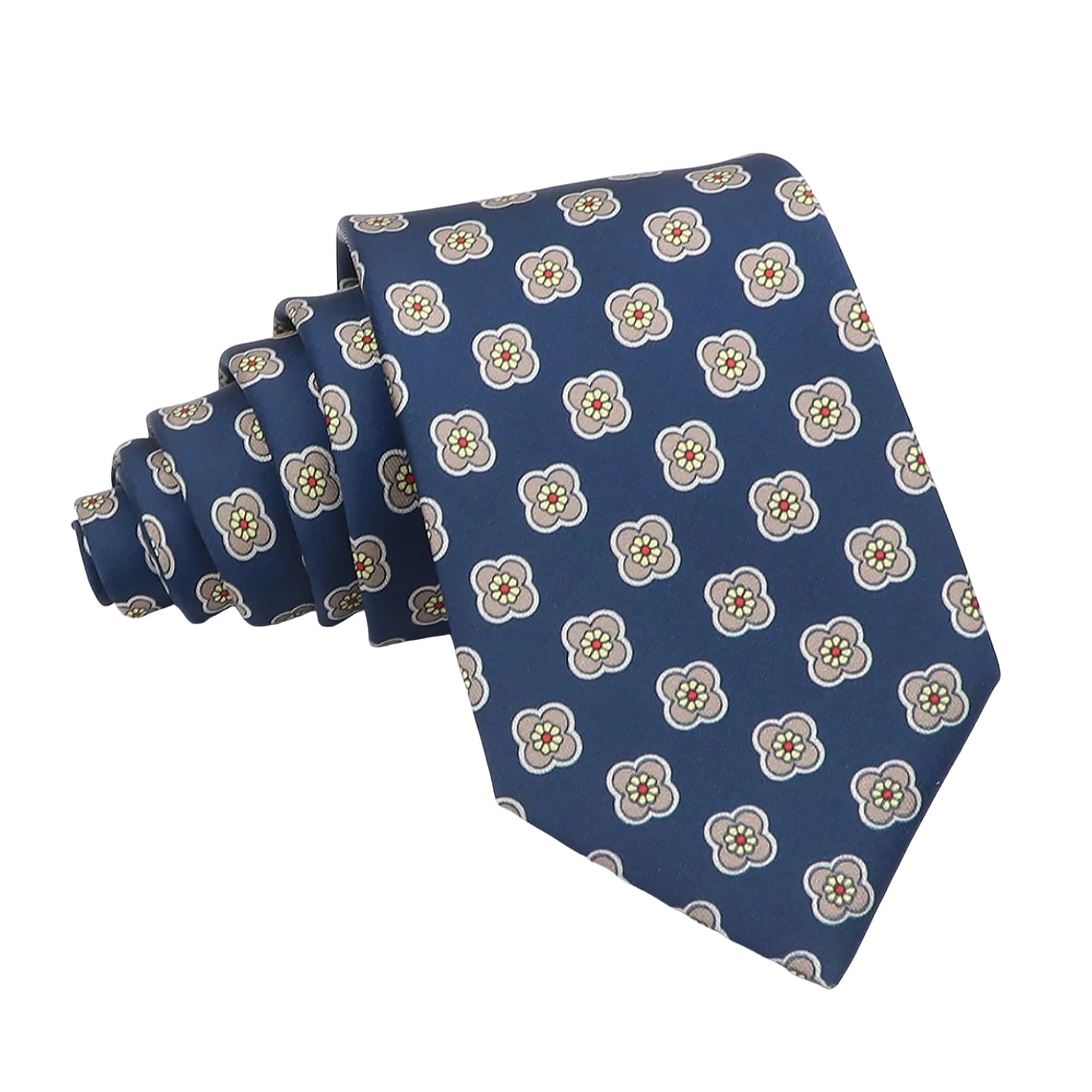 Navy Blue Beige Floral Necktie