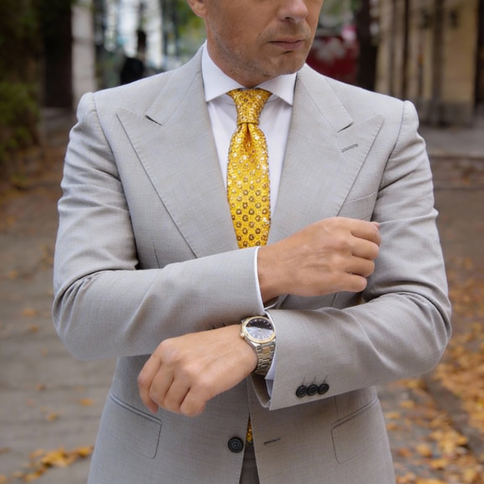 Yellow With Black&Gold Circular Sequins Necktie