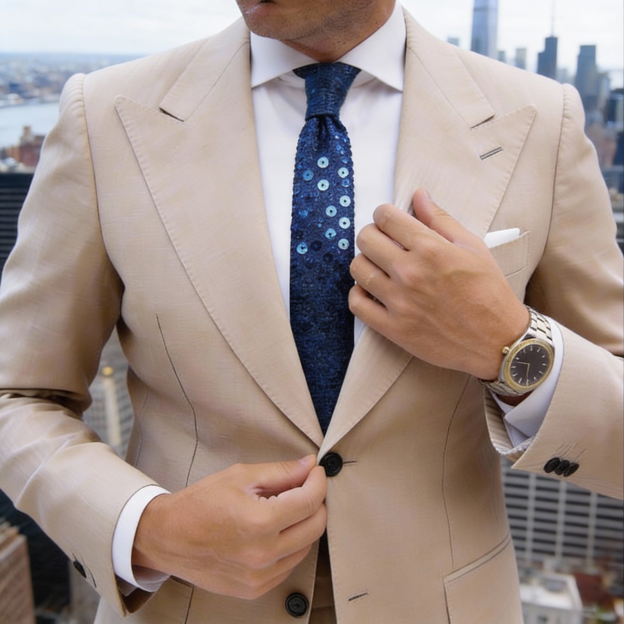 Blue With White Polka Dot Sequin Necktie