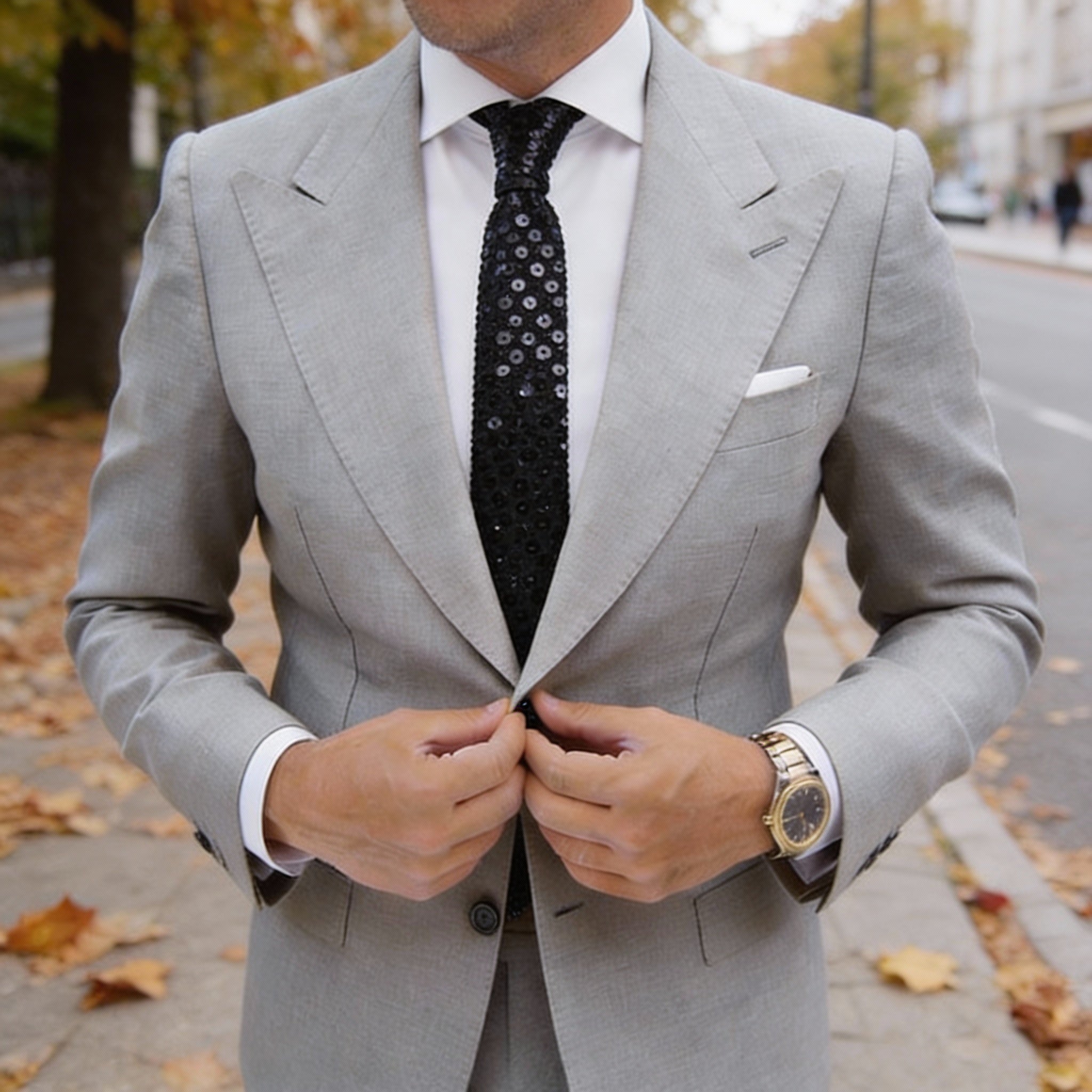 Black With Silver Round Sequins Necktie