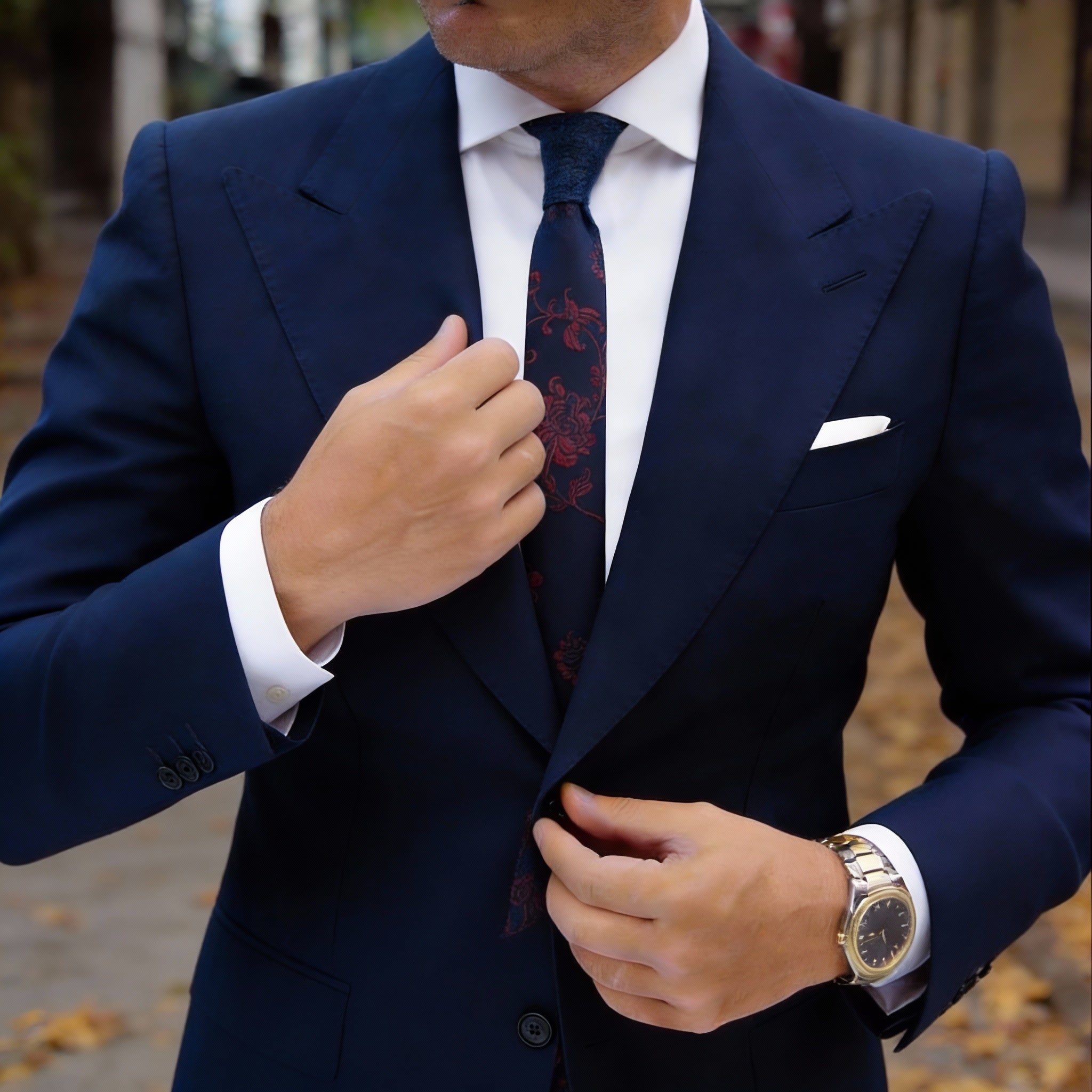 Dark Blue Necktie With Red Floral Pattern