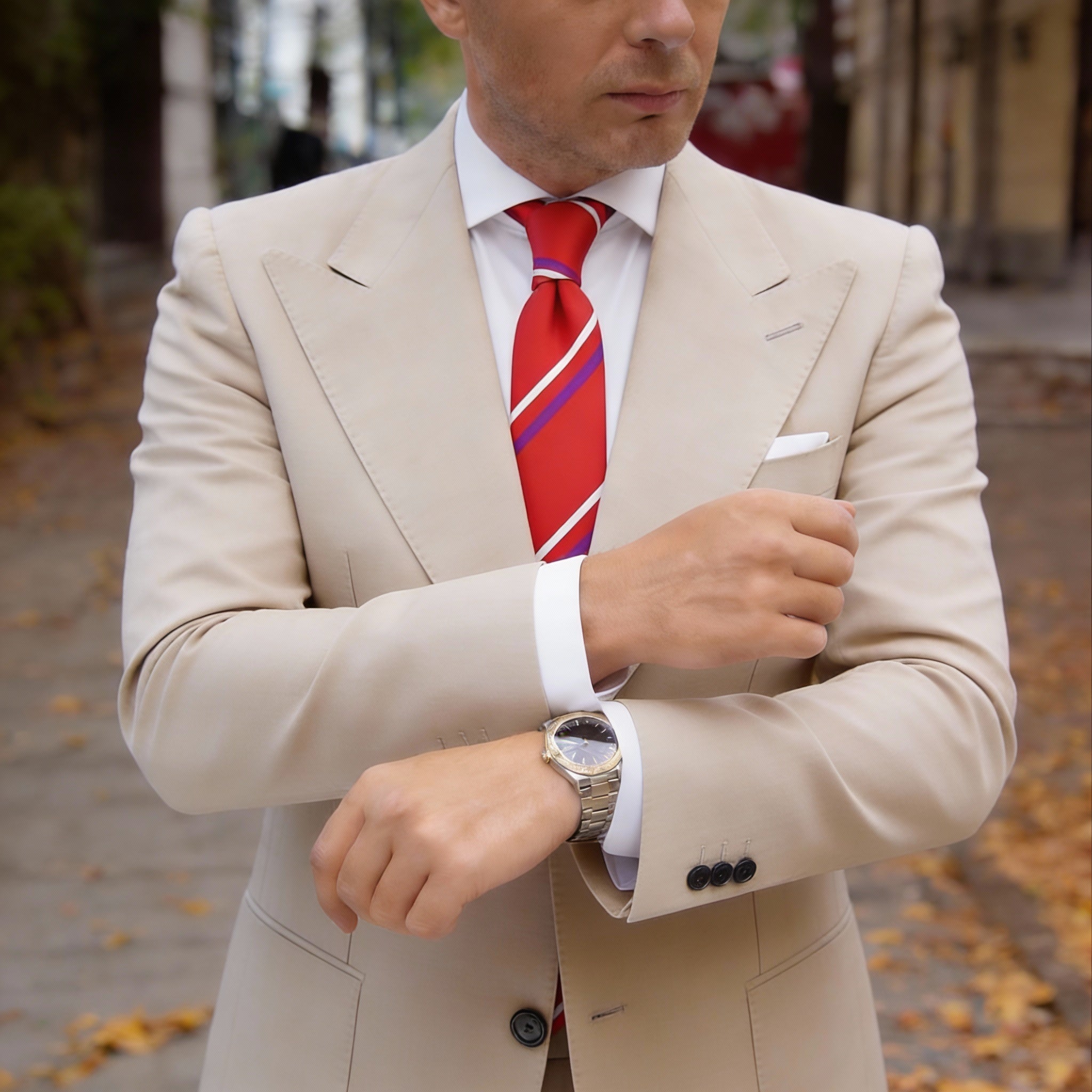 Red With White And Purple Striped Necktie