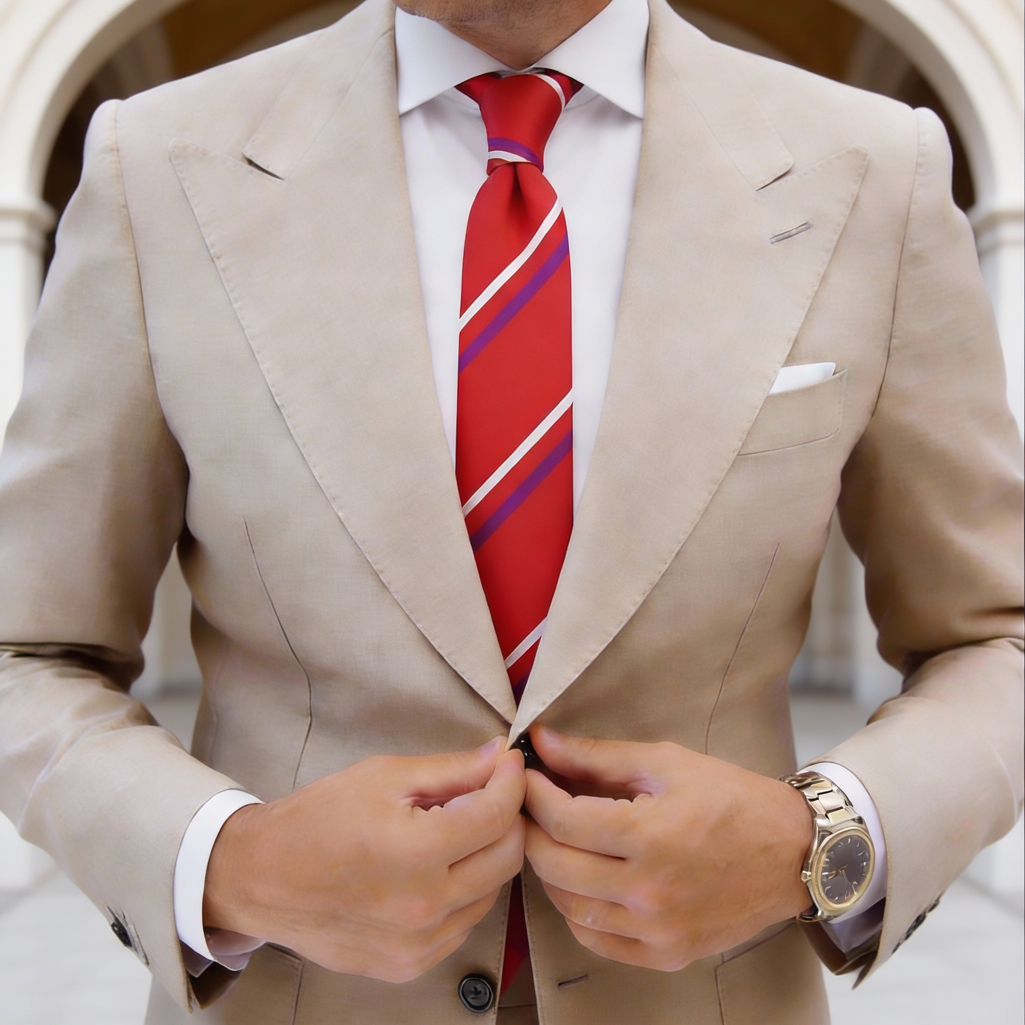Red With White And Purple Striped Necktie