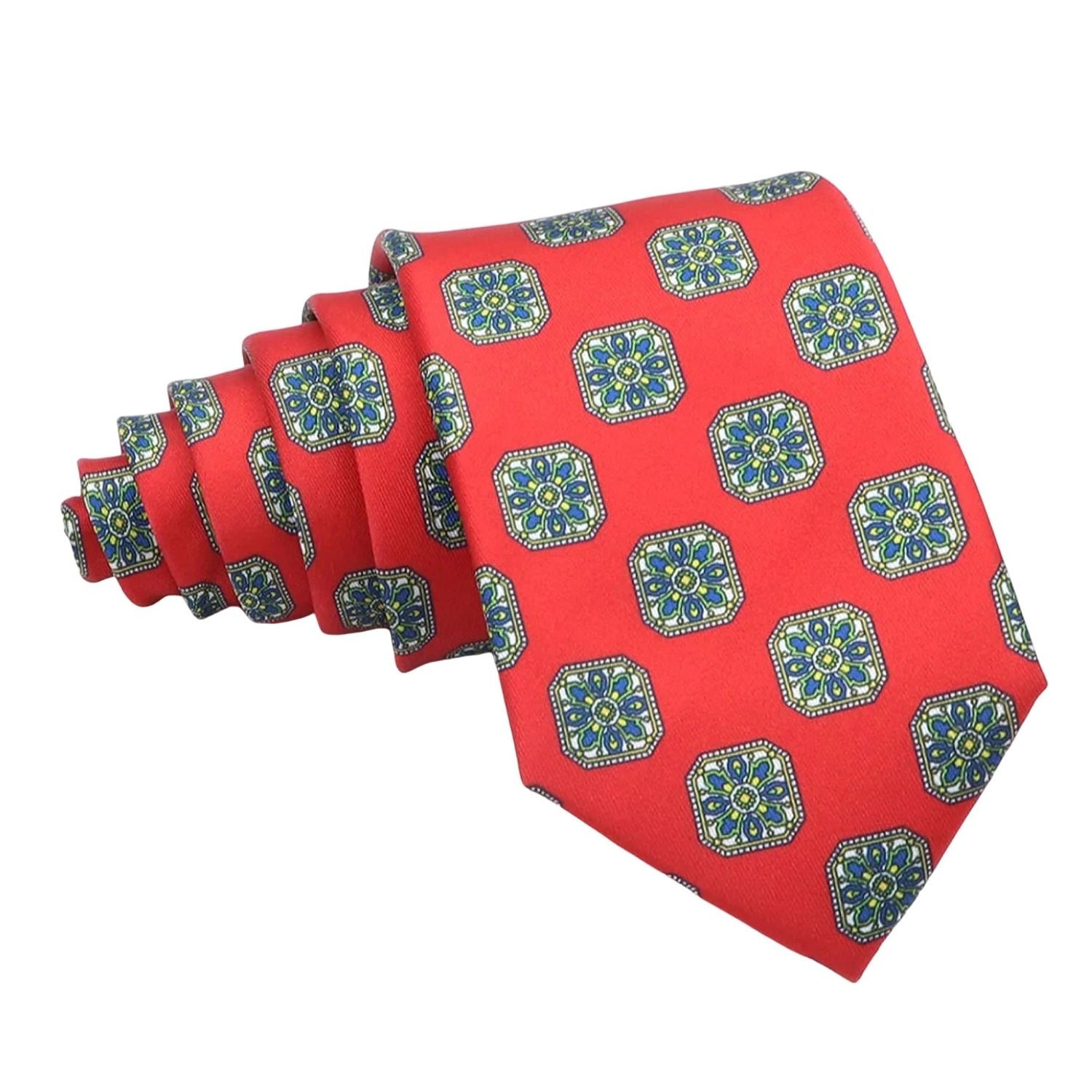 Red Necktie With Blue Yellow Square Patterns