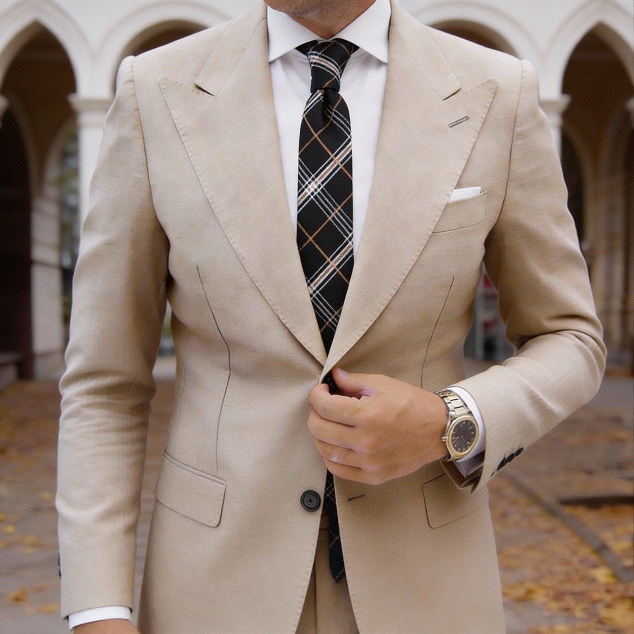 Black With Orange White Light Brown Plaid Necktie