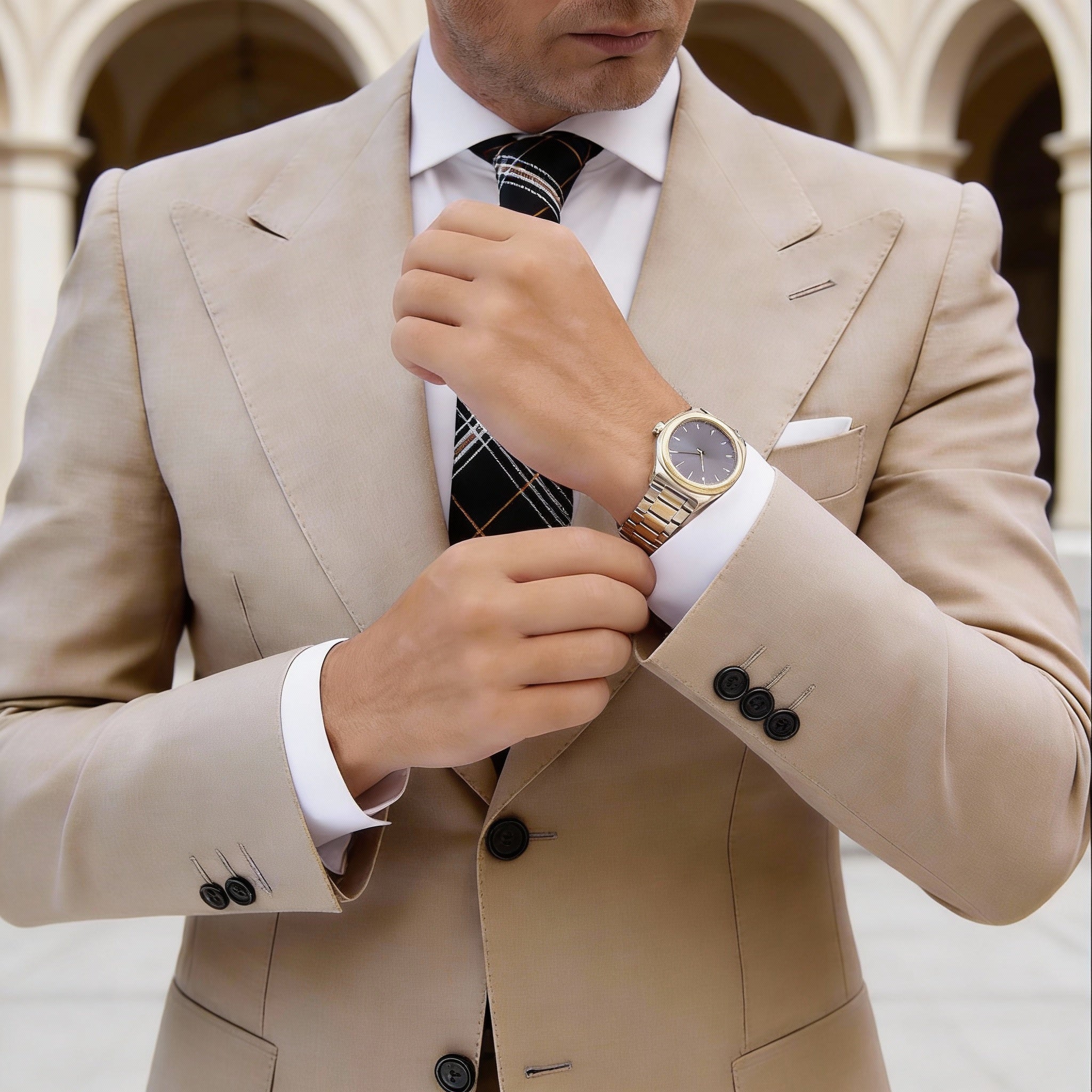 Black With Orange White Light Brown Plaid Necktie