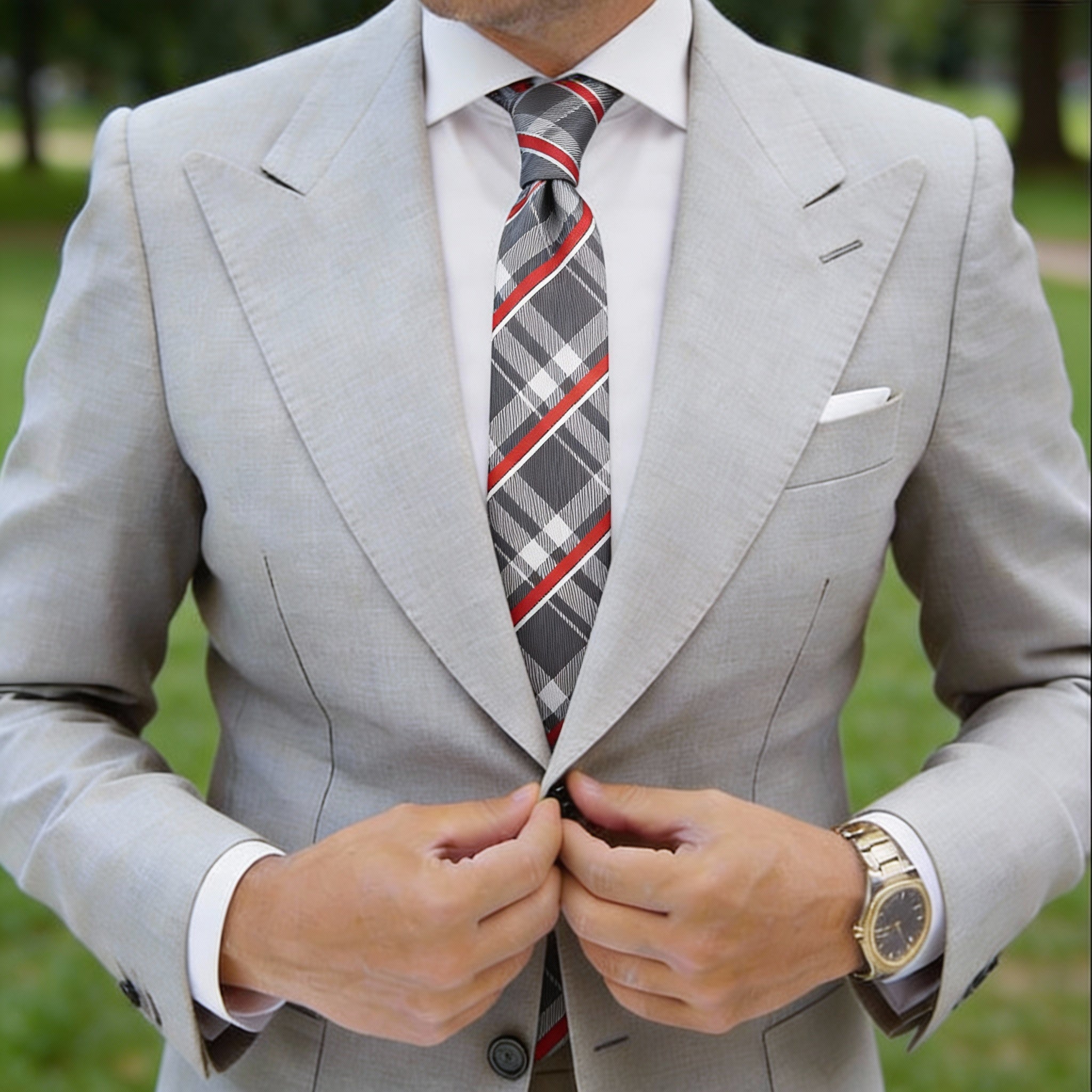 Gray With Red White Plaid Necktie