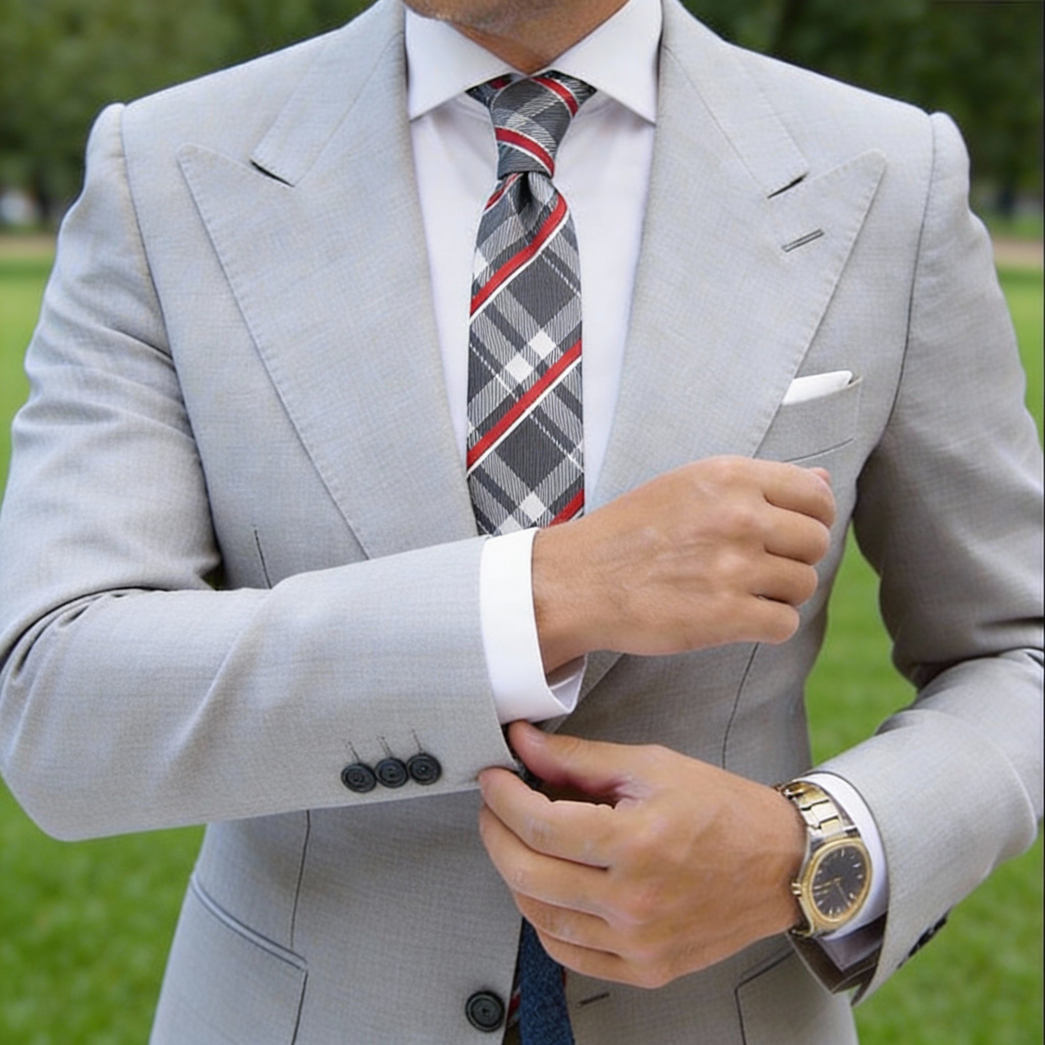 Gray With Red White Plaid Necktie