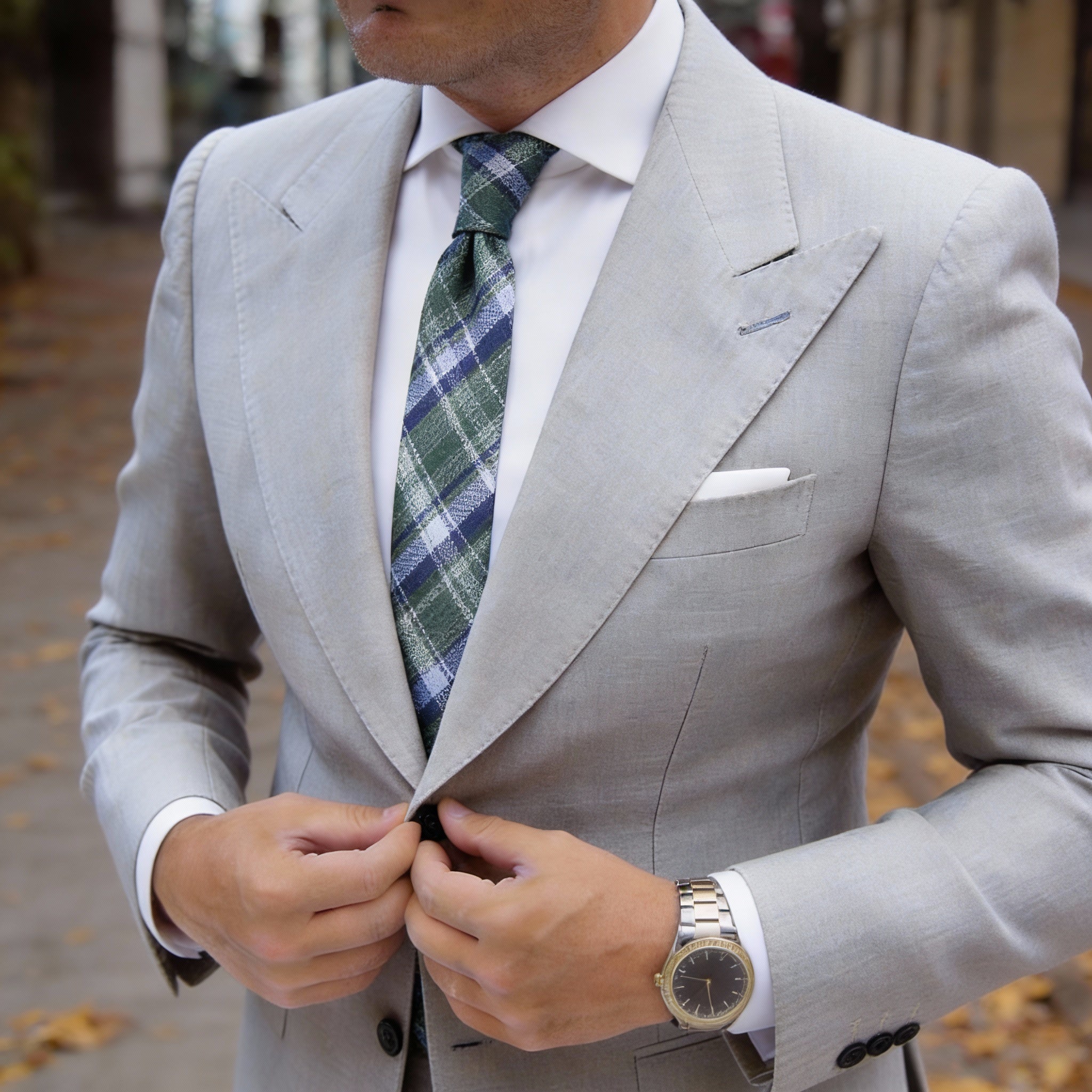 Green With Blue White Plaid Necktie