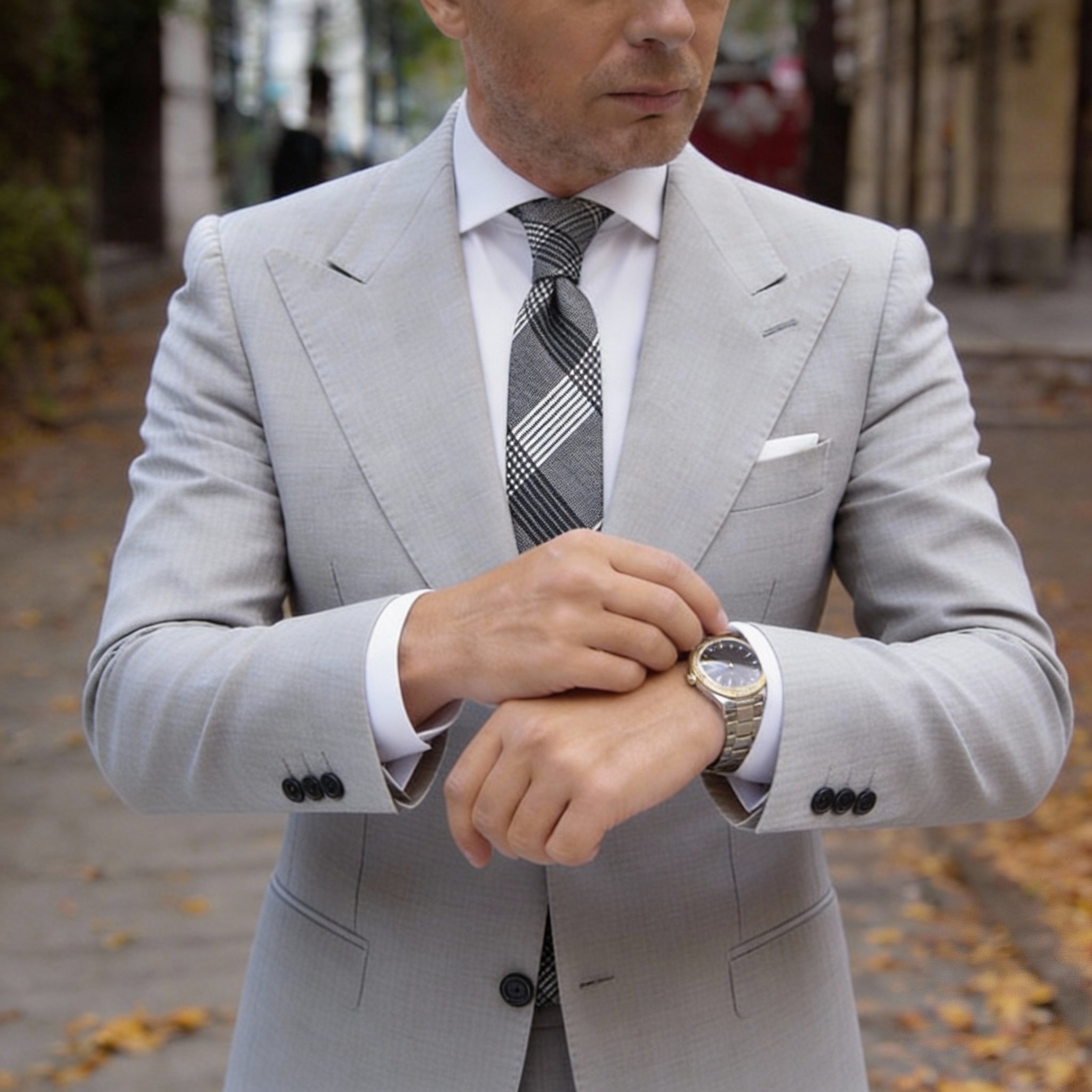 Gray With White Black Plaid Necktie