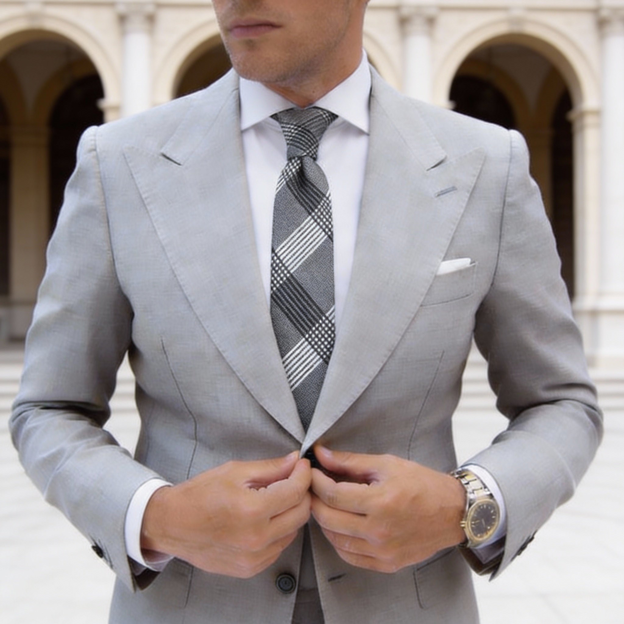 Gray With White Black Plaid Necktie