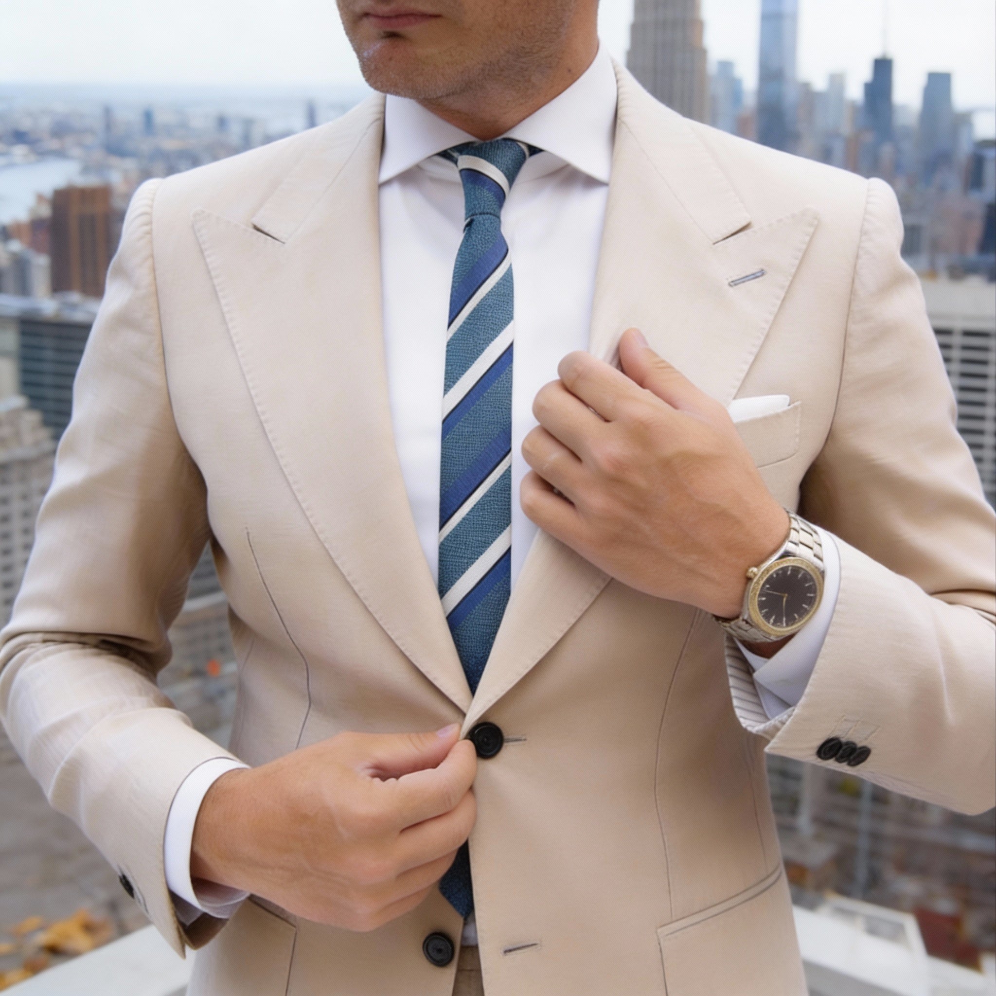 Teal With White Striped Necktie