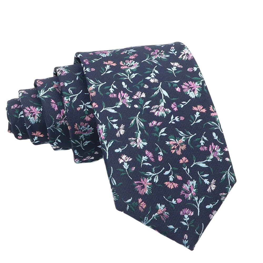 Navy Blue White Floral Necktie