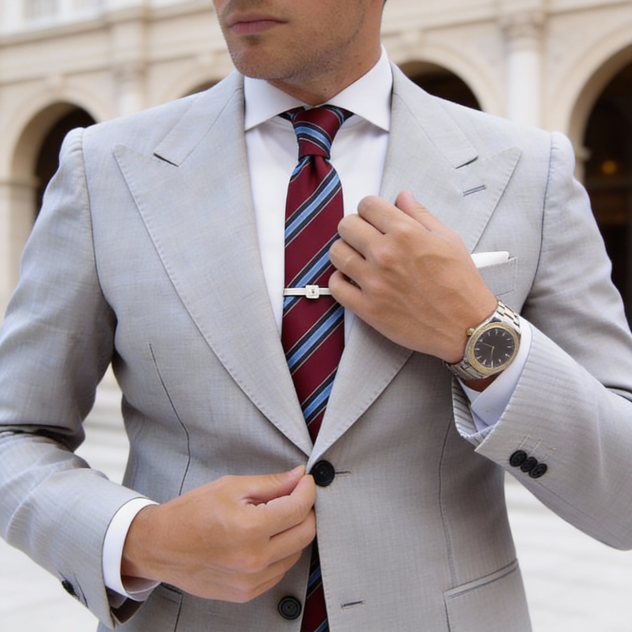 Maroon With Blue Striped Necktie