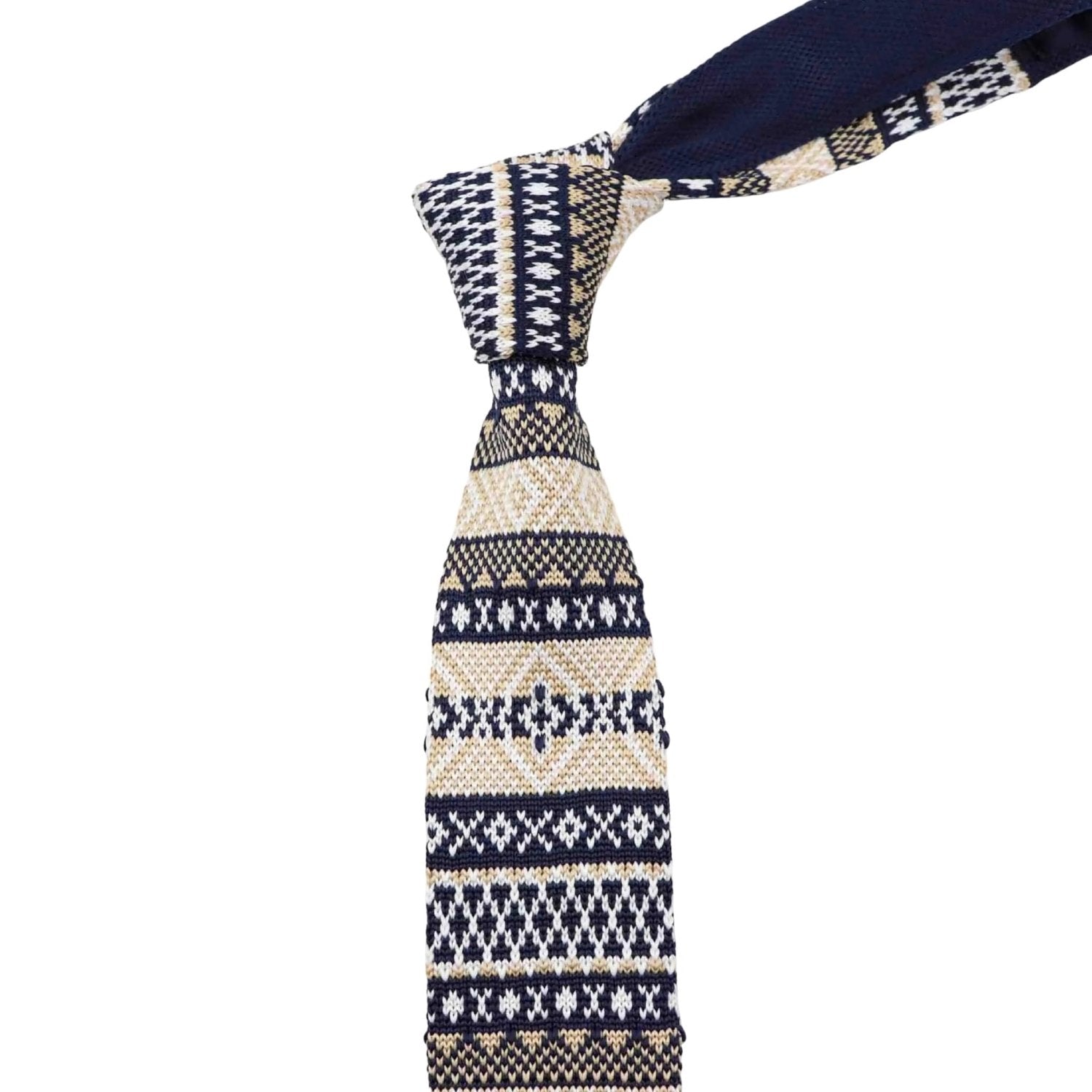 Navy Blue With Beige Geometric Pattern Necktie