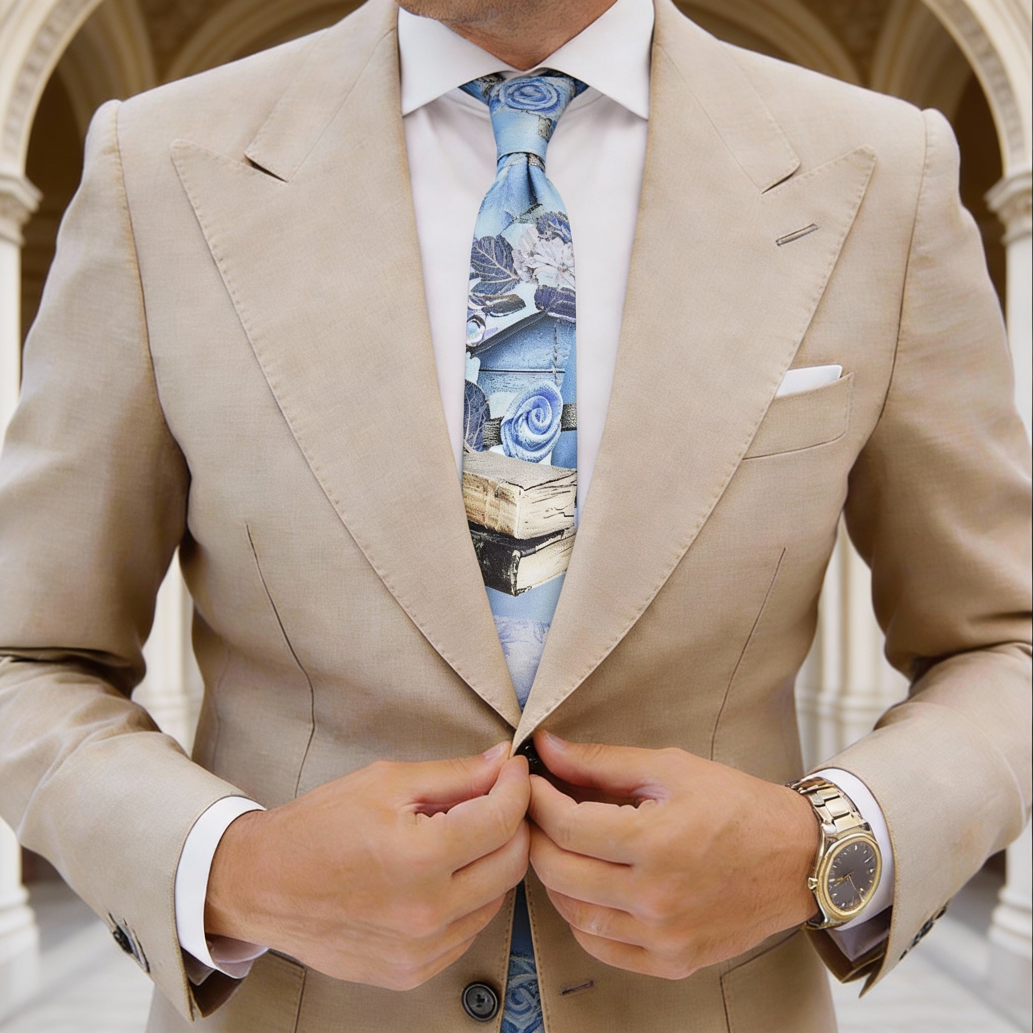 Beige With Gold Ornamental Necktie
