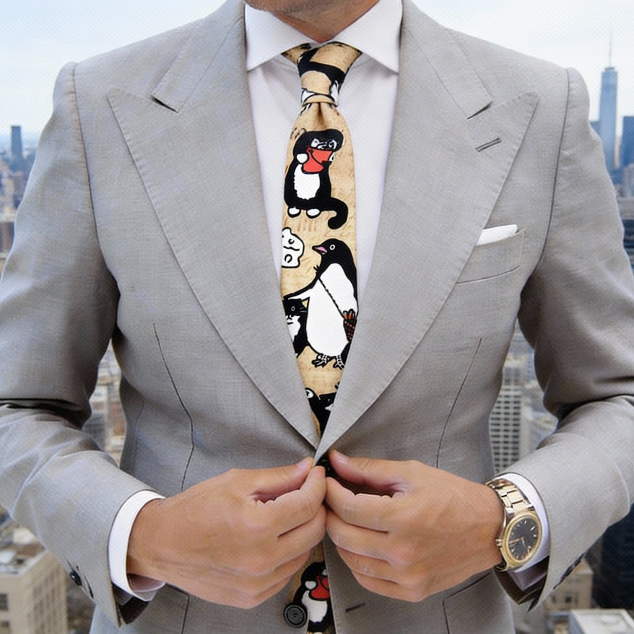 Beige With Black Cartoon Animals Necktie