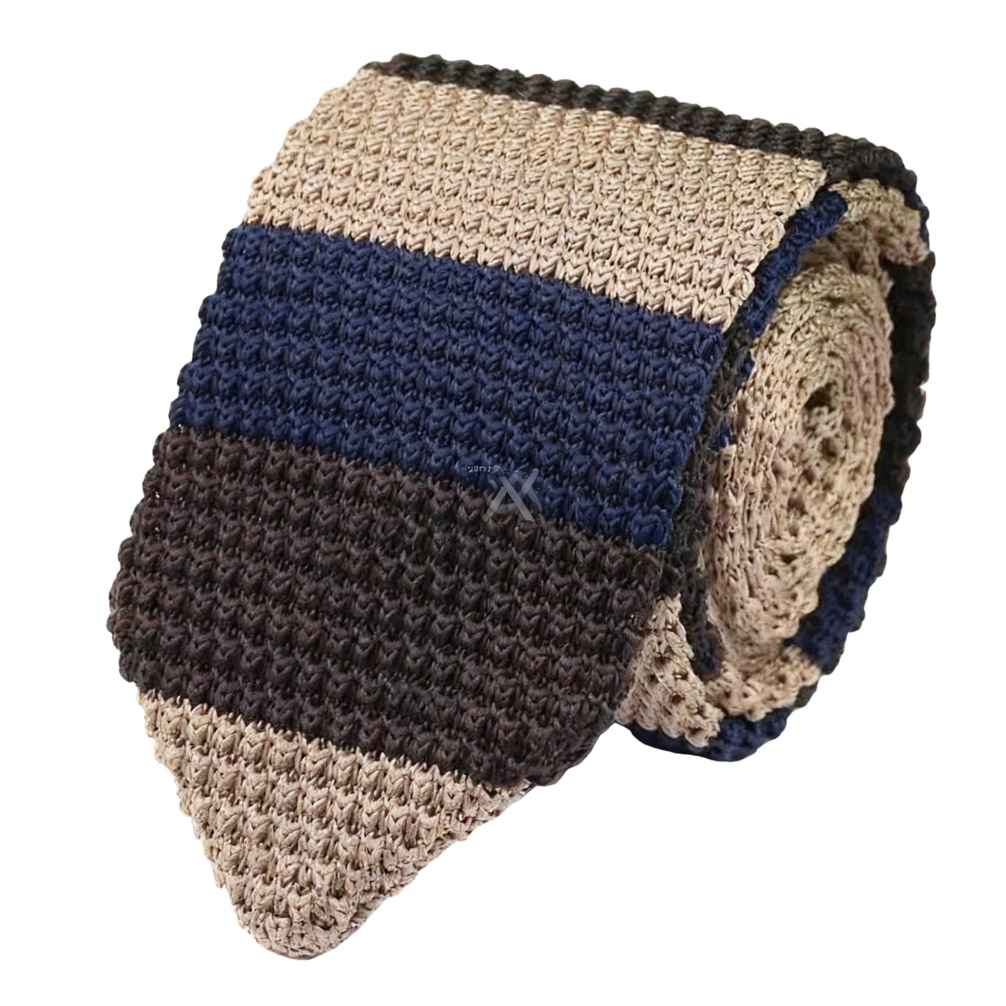 Beige Brown Navy Stripe Knitted Necktie