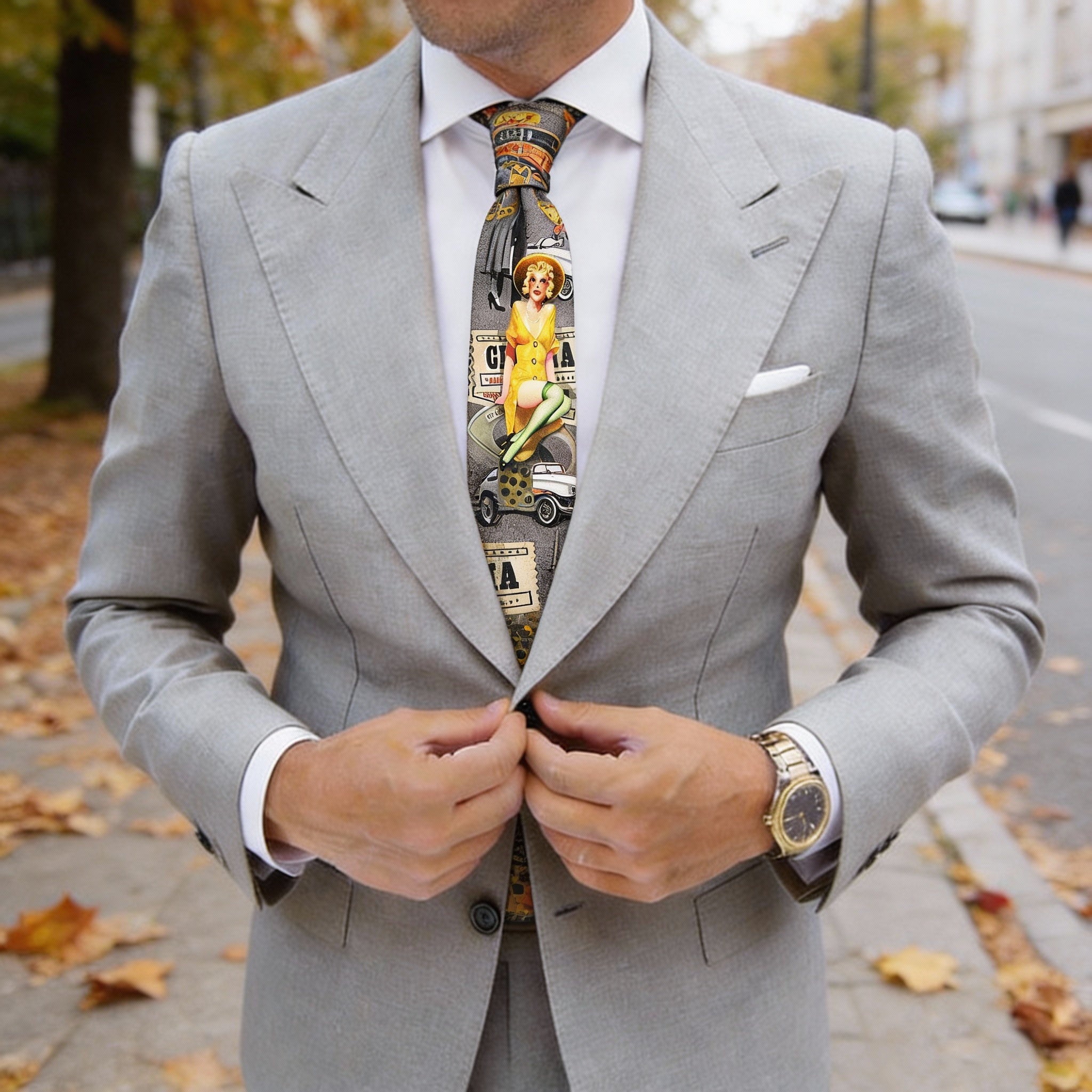 Gray With Yellow Vintage Woman Necktie