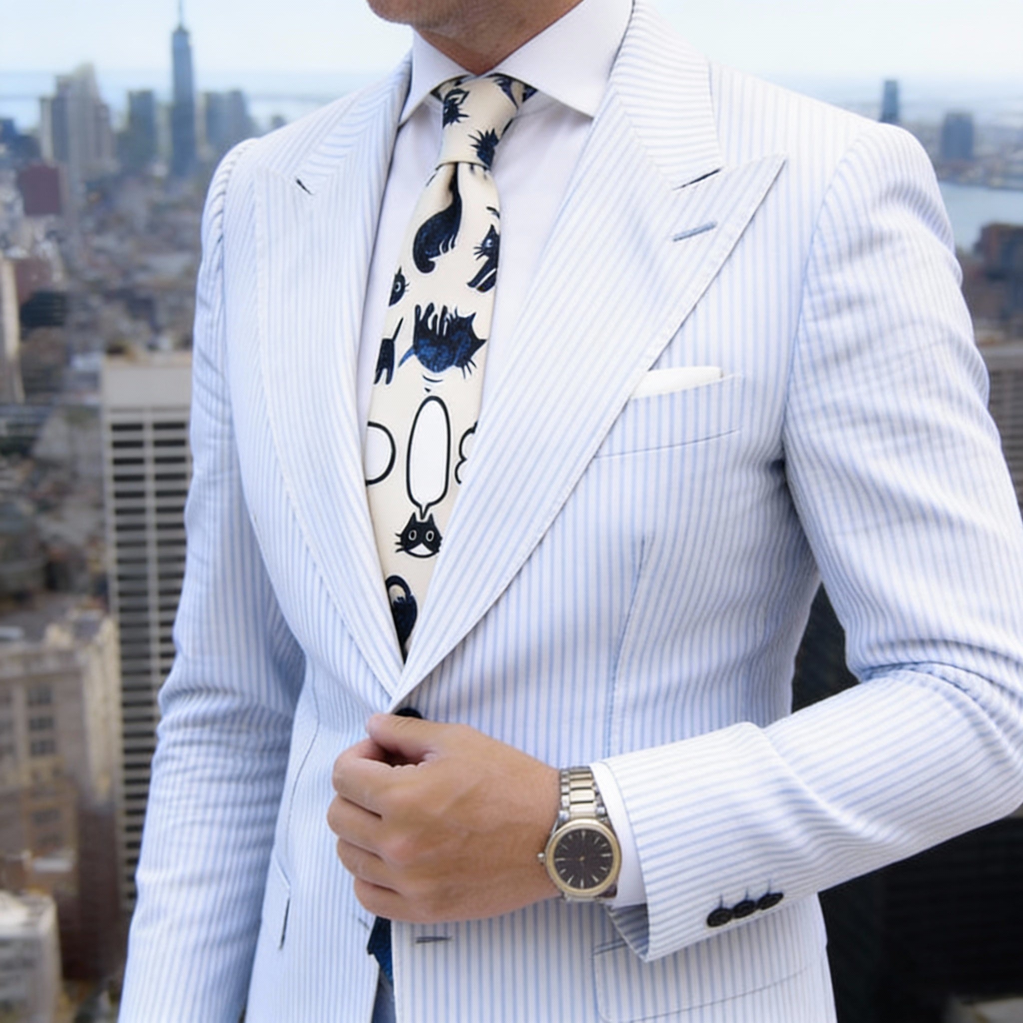 Beige With Black Cartoon Cats Necktie