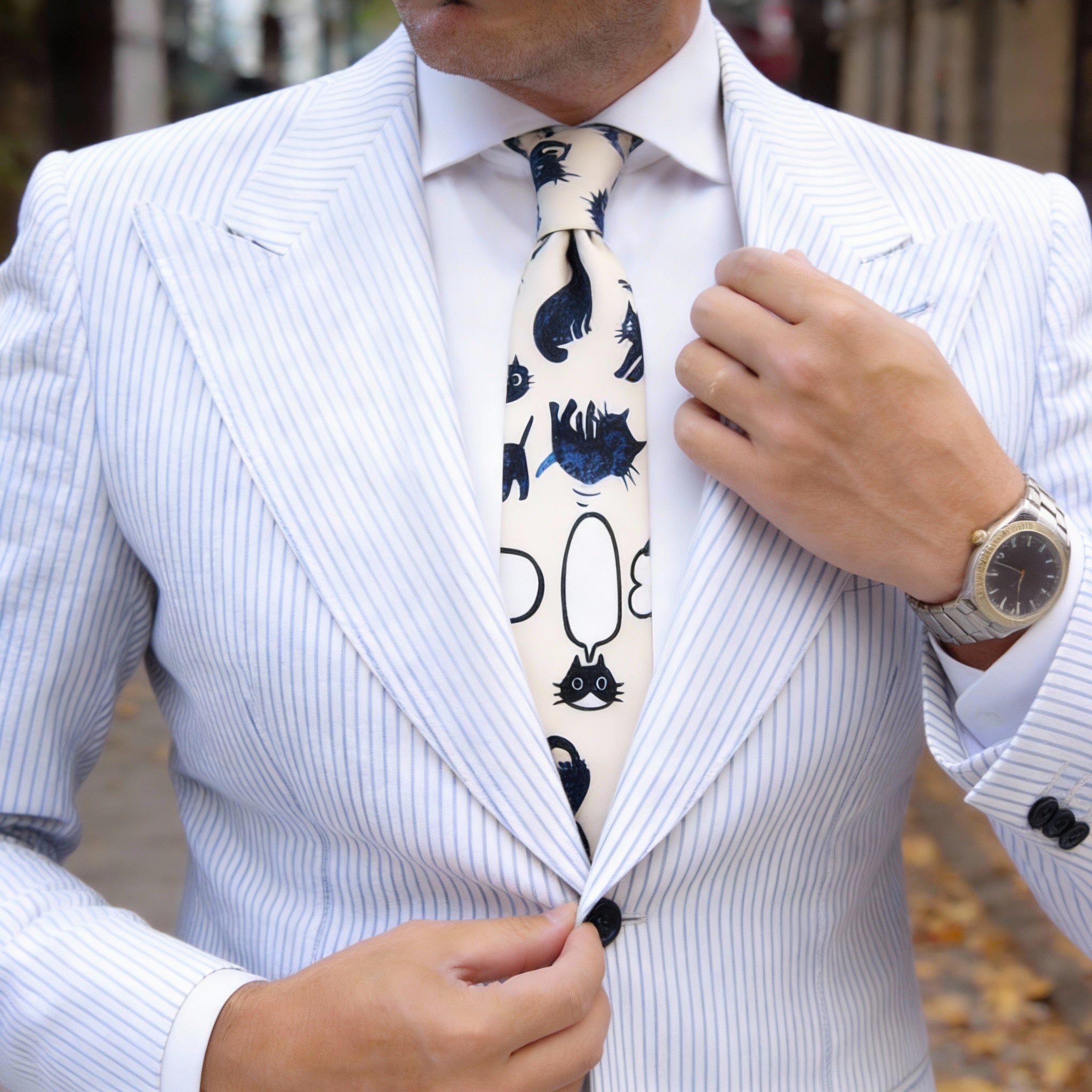 Beige With Black Cartoon Cats Necktie