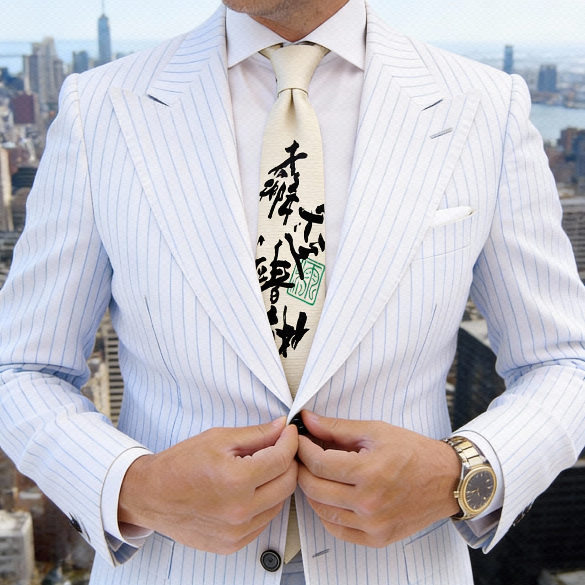Beige With Black Chinese Calligraphy Necktie