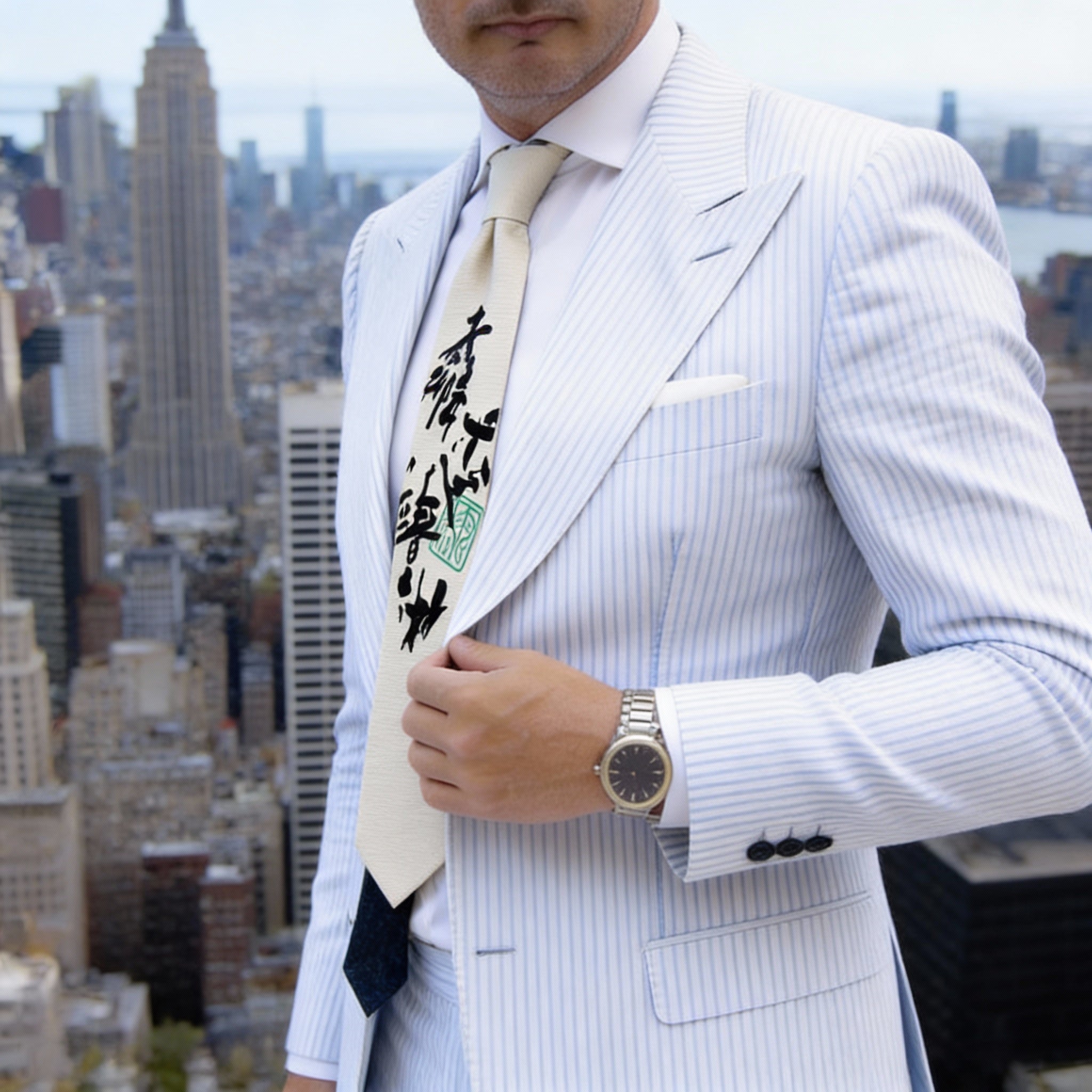 Beige With Black Chinese Calligraphy Necktie