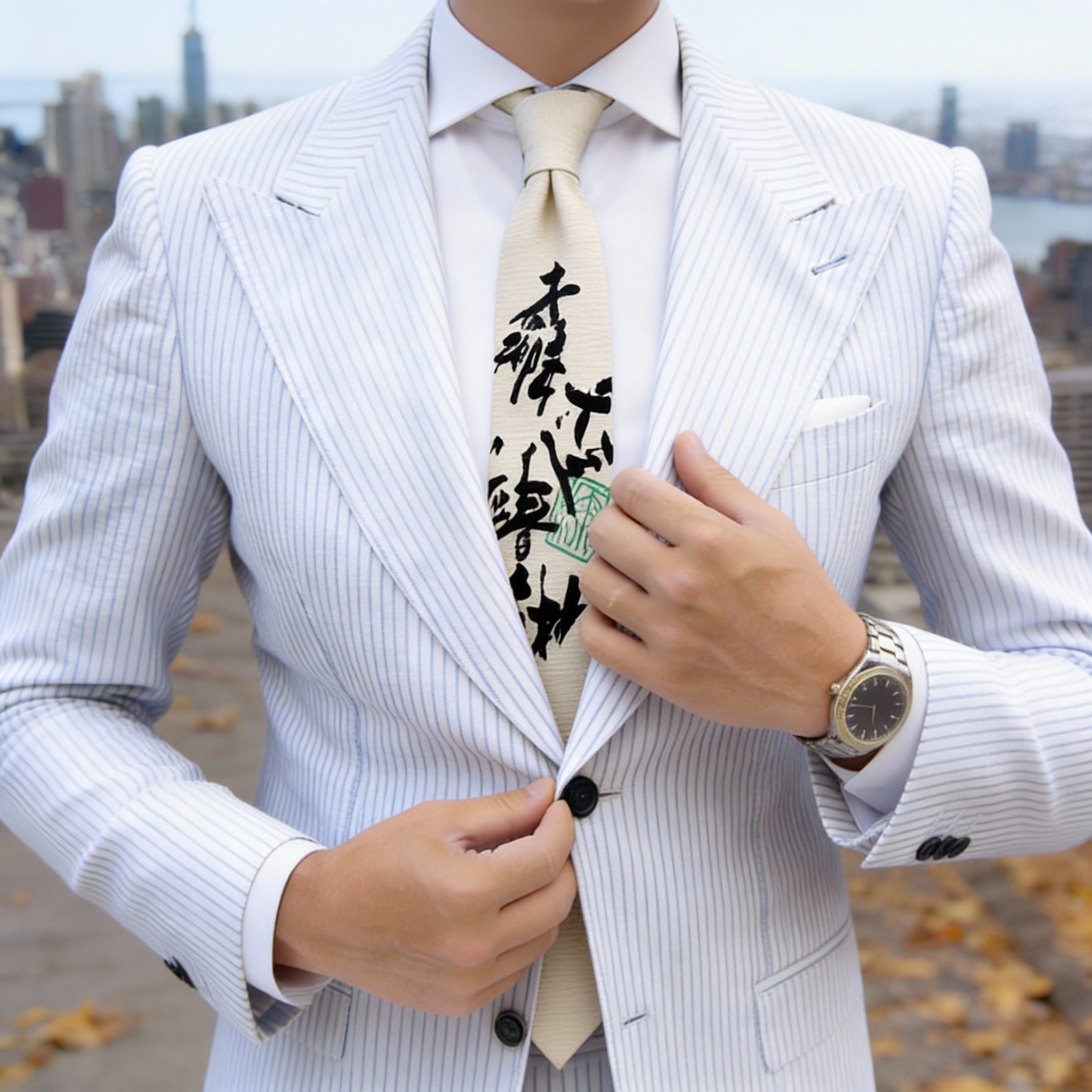Beige With Black Chinese Calligraphy Necktie